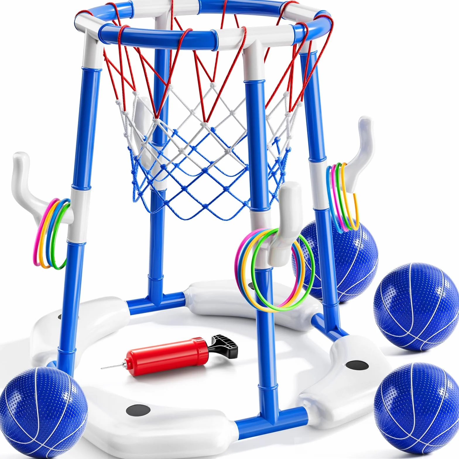 SITODIER Canestro da basket da piscina, 2 in 1, galleggiante, giochi d'acqua e gioco ad anello, con 4 palline e pompa, piscina estiva all'aperto, giochi di basket, feste in famiglia, per bambini e