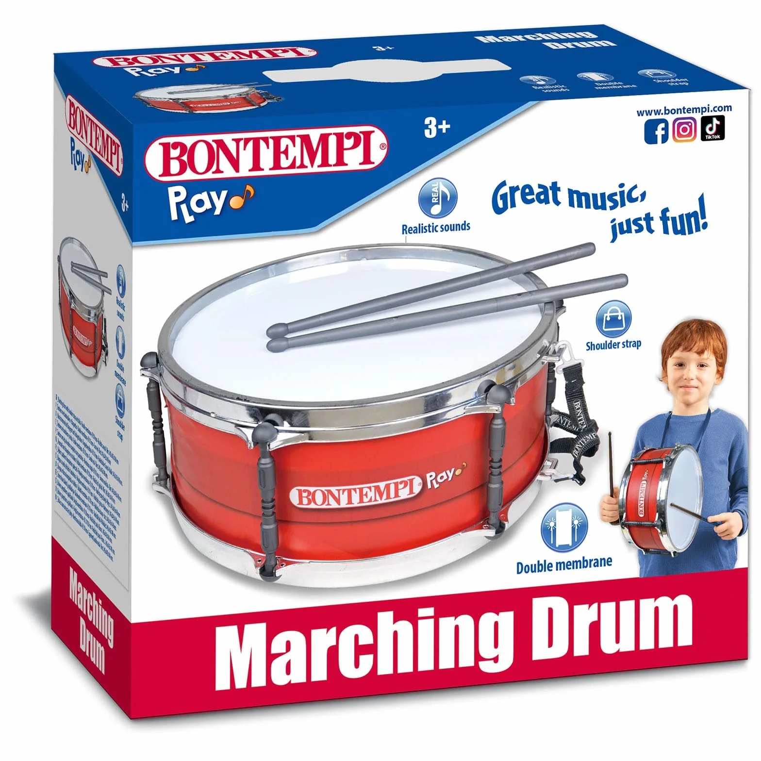 Bontempi | BeatMaster - Tamburo con Doppia Membrana, Tracolla e Bacchette di 25cm per un'Esperienza Ritmica Completa, Rosso, 34,4x31,9x15,4 cm