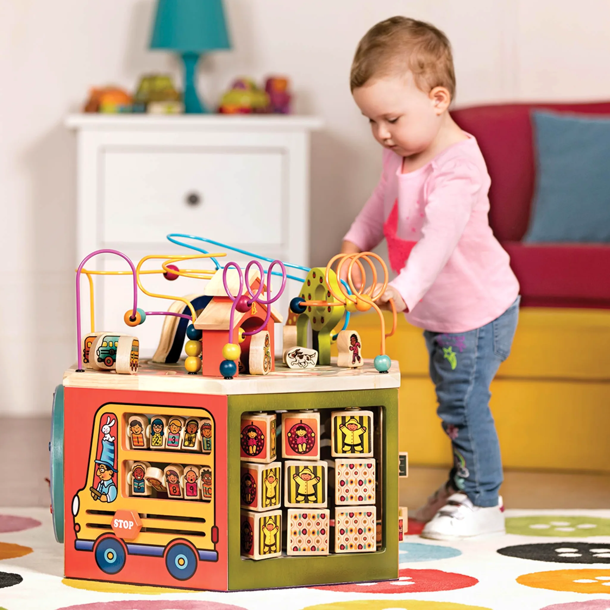 B. toys Youniversity, cubo attività in Legno con 6 Lati di Gioco | Centro attività con 6 lati di gioco, alfabeto, numeri, forme, perline e percorsi; struttura in legno massello; 1+ anni
