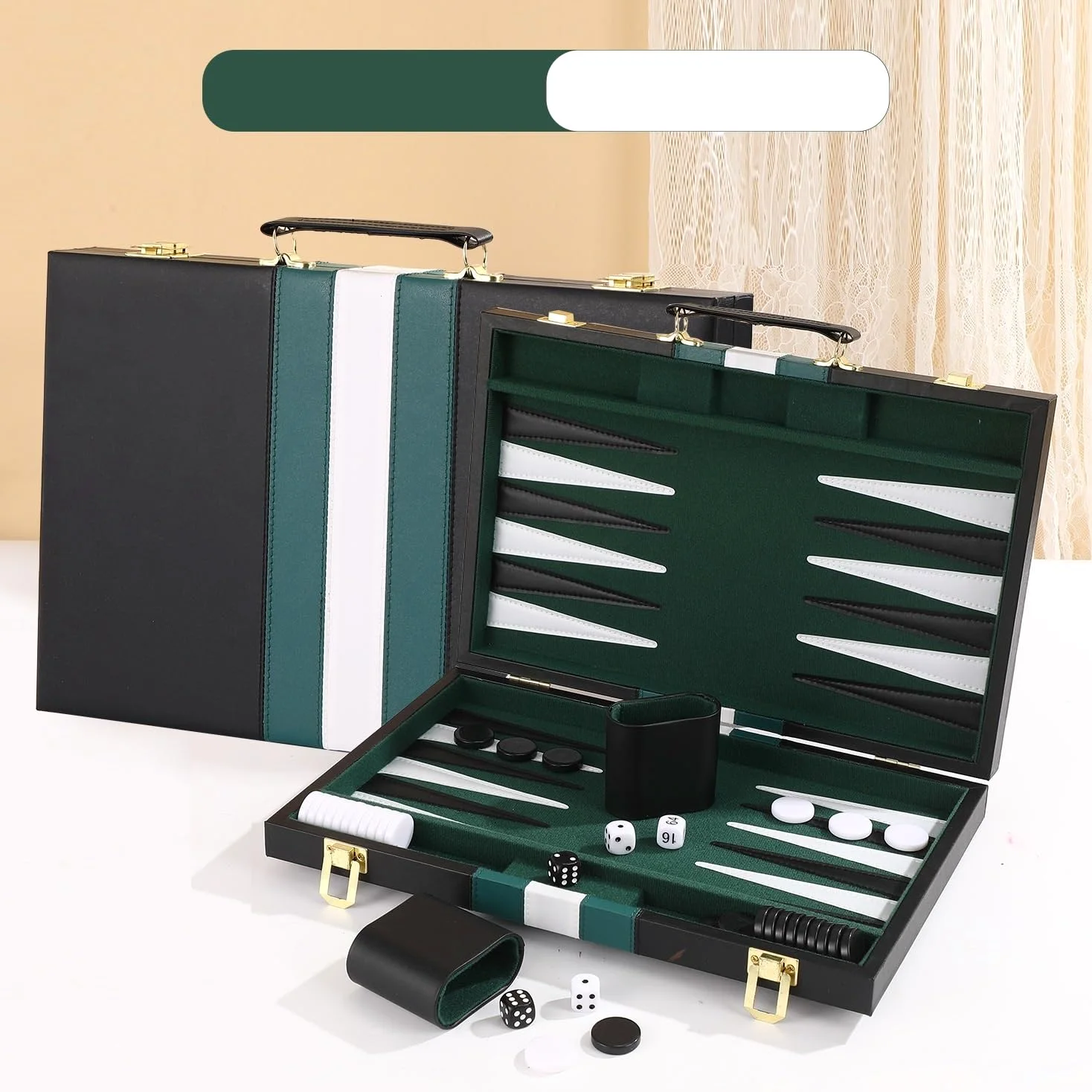 Grandi set di backgammon for adulti, giochi da tavolo classici for 2 giocatori, adulti e bambini, custodia in pelle PU di qualità scacchiera portatile(Groen,11inch)