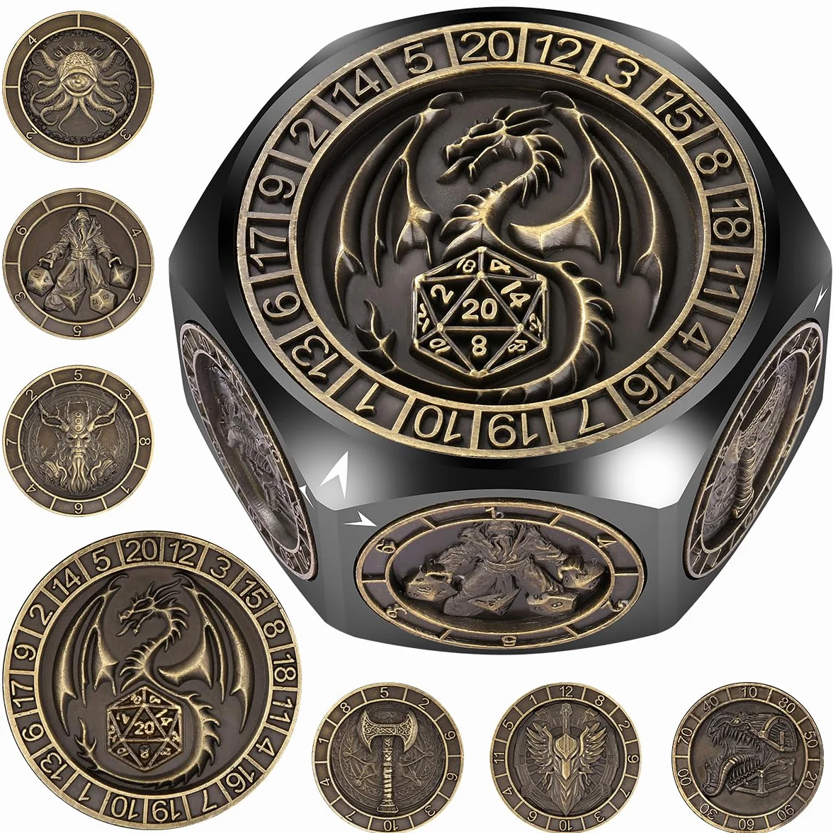 Set di Dadi Rotanti DND, 8 Facce Spinner Dadi in Metallo, Design a Rilievo 3D, Dadi Poliedrici Girevoli, Regalo D&D con Scatola Logo Drago, MTG, Giochi da Tavolo, Accessori per Giochi di Ruolo, Nero