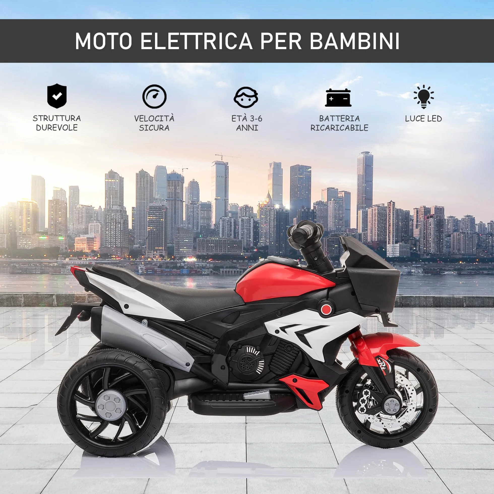 HOMCOM Moto Elettrica per Bambini 3-5 Anni 6V (max. 25kg), Velocità 3km/h, Motorino Elettrica per Bimbi con 3 Ruote, Luci e Suoni, Rosso, 86x42x52cm