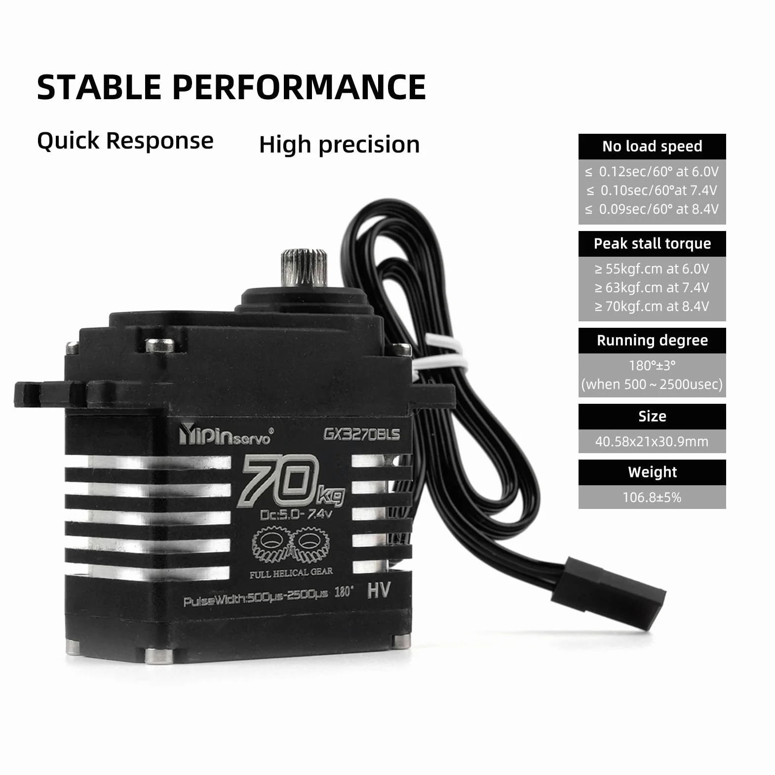 70KG High Torque, GX3270BLS Digital RC Servo, 180/270/360 gradi ingranaggi metallici, IP68 Brushless Motor, nero (357 gradi)