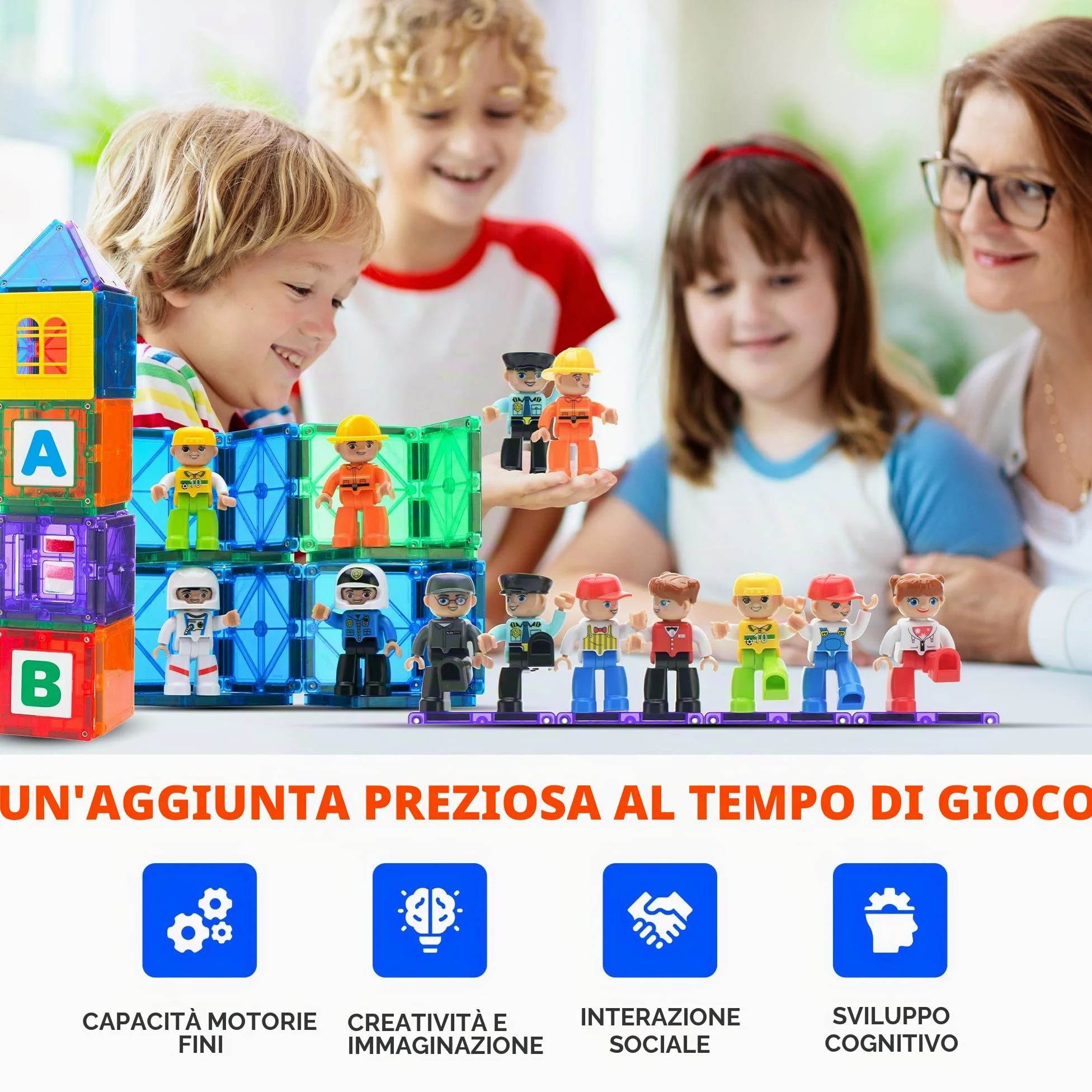 Playmags Set comunitario di figure magnetiche grandi da 15 pezzi - 3 pollici Gioca a persone, perfette per mattoncini magnetici - Giocattoli educativi STEM per bambini