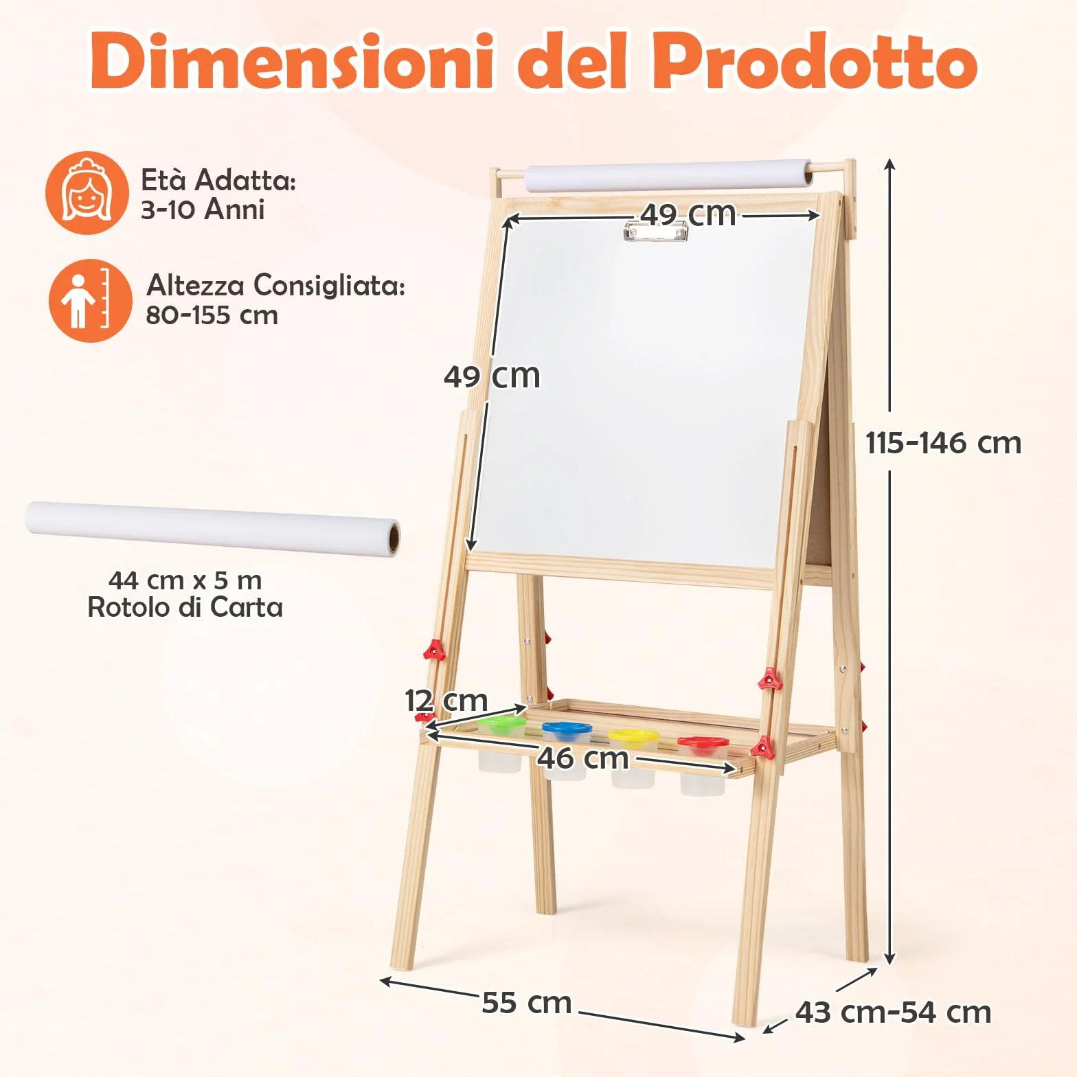 Cavalletto per Bambini in Legno Altezza Regolabile Doppia Faccia con Rotolo di Carta 2 Vassoi 4 Tazze