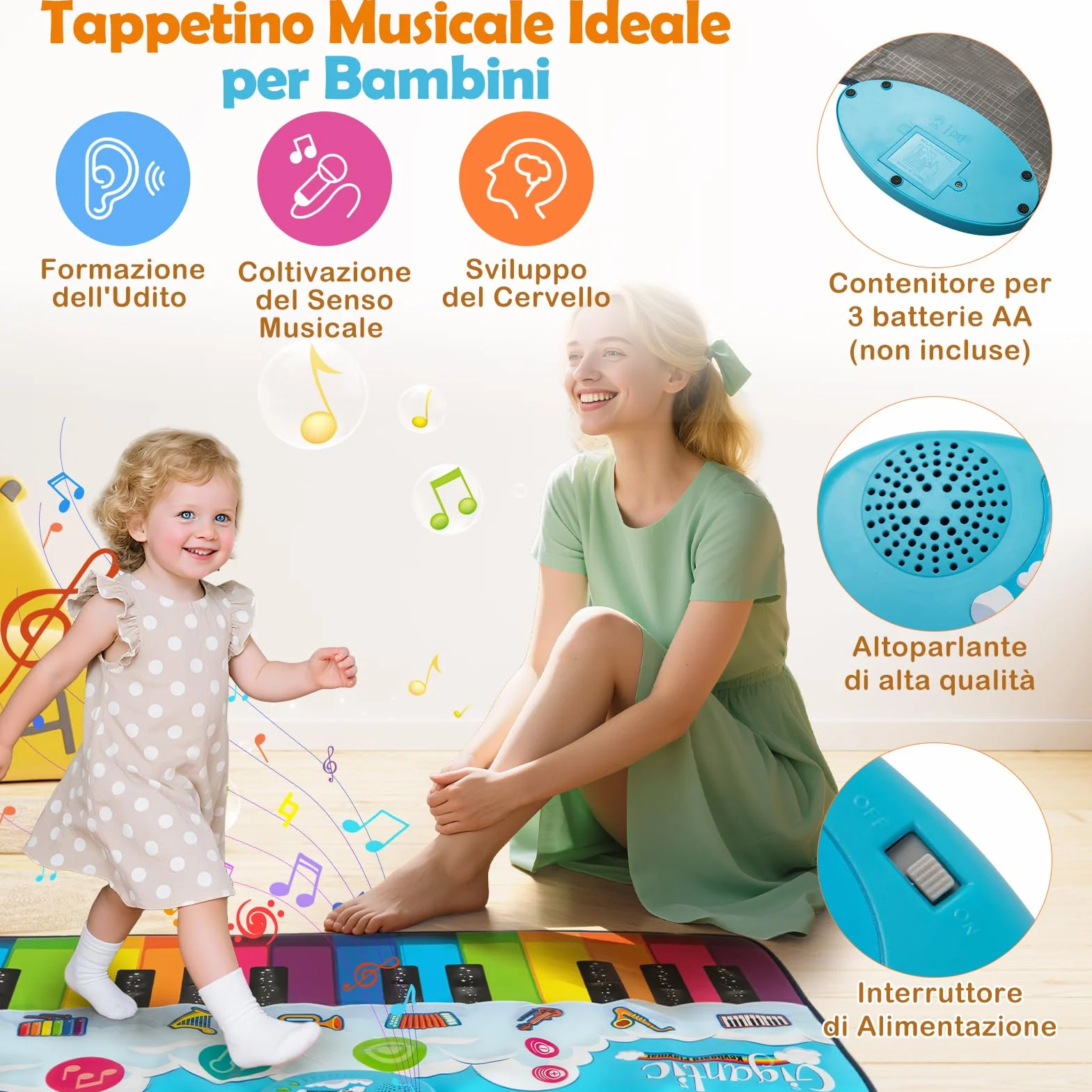 COSTWAY Tappetino Musicale 24 Tasti Tappeto Pianoforte con 8 Suoni per Bambini 1+ Anno 120x47 cm