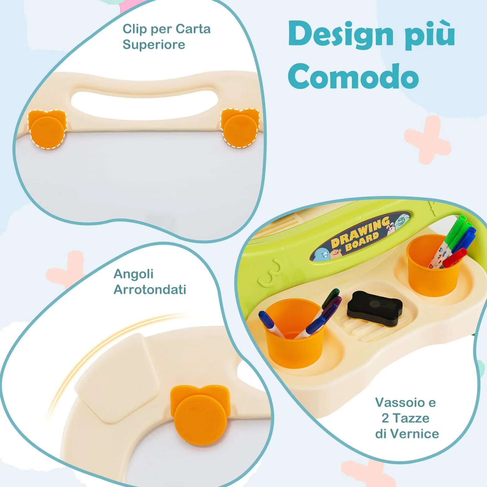 COSTWAY Cavalletto per Bambini Lavagna Magnetica a Doppia Faccia Regolabile in Altezza Tavolo da Disegno Staccabile con Manico Portatile 2 Tazze 3 Anni+