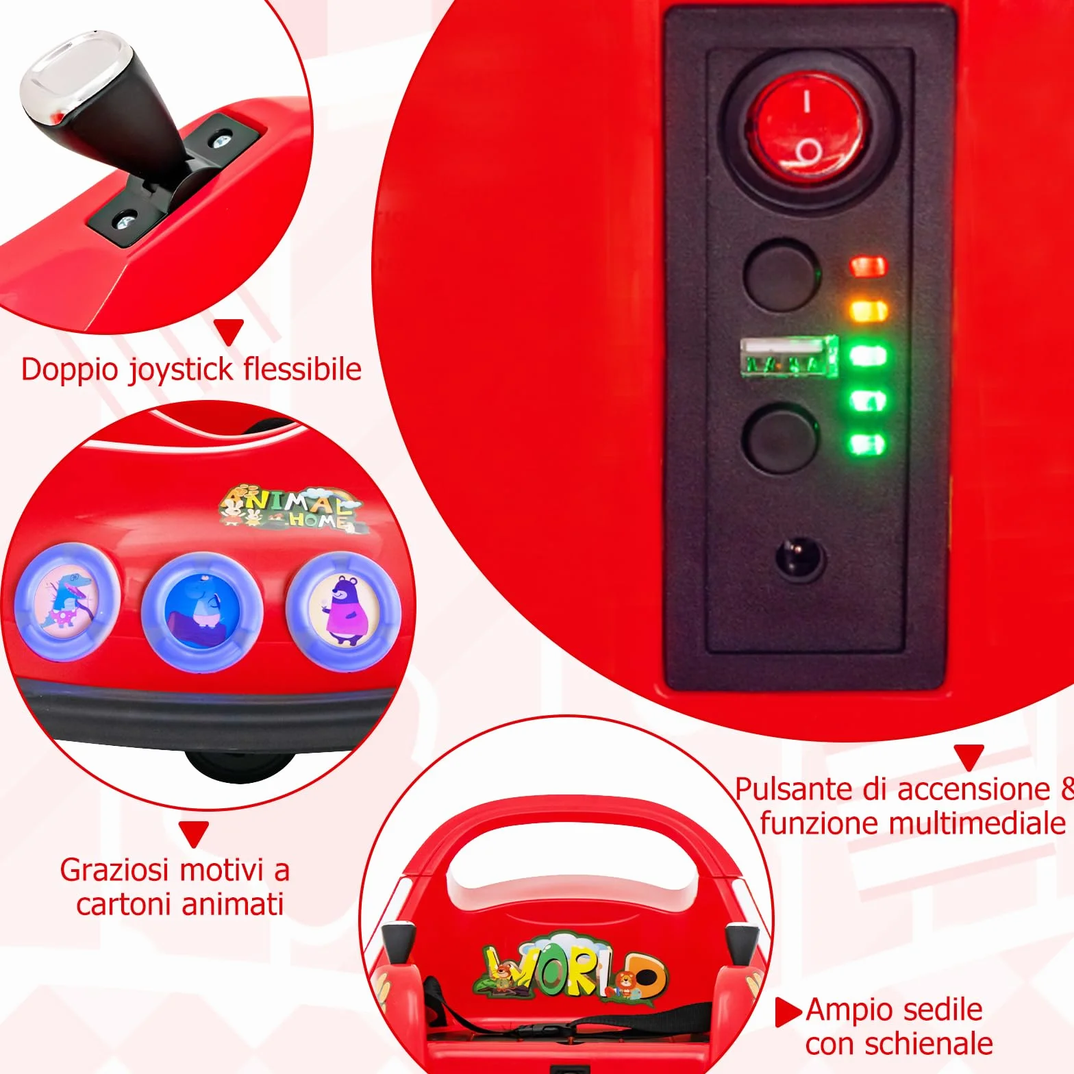 Auto Elettrica 12V per Bambini 3+ con Telecomando 2,4G, Rotazione 360°, Luci e Musica, 73x73x43 cm Rosso