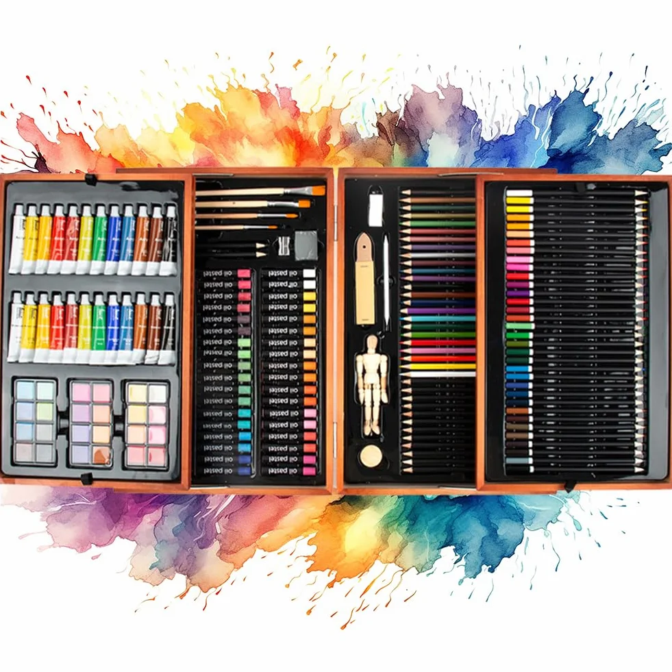 BAKAJI Valigetta Pittore in Legno Professionale 185 Pz, Set Artistico con Pastelli ad Olio, Acquerelli, Matite Colorate, Pittura Acrilica, Custodia Portatile