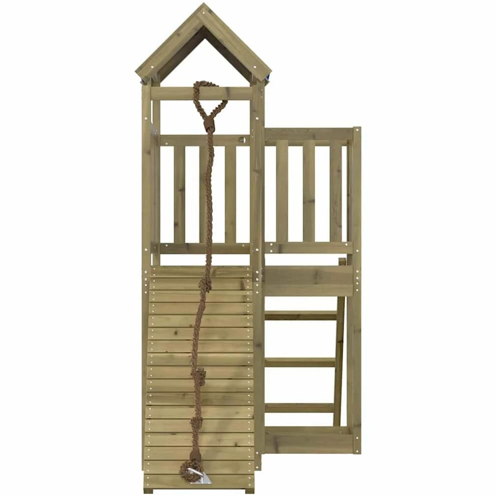 Torre gioco in legno di pino impregnato con piattaforma da 90 cm, rampa da arrampicata, scala e sabbiere, con tetto a nuvola e ringhiera di sicurezza per esterni
