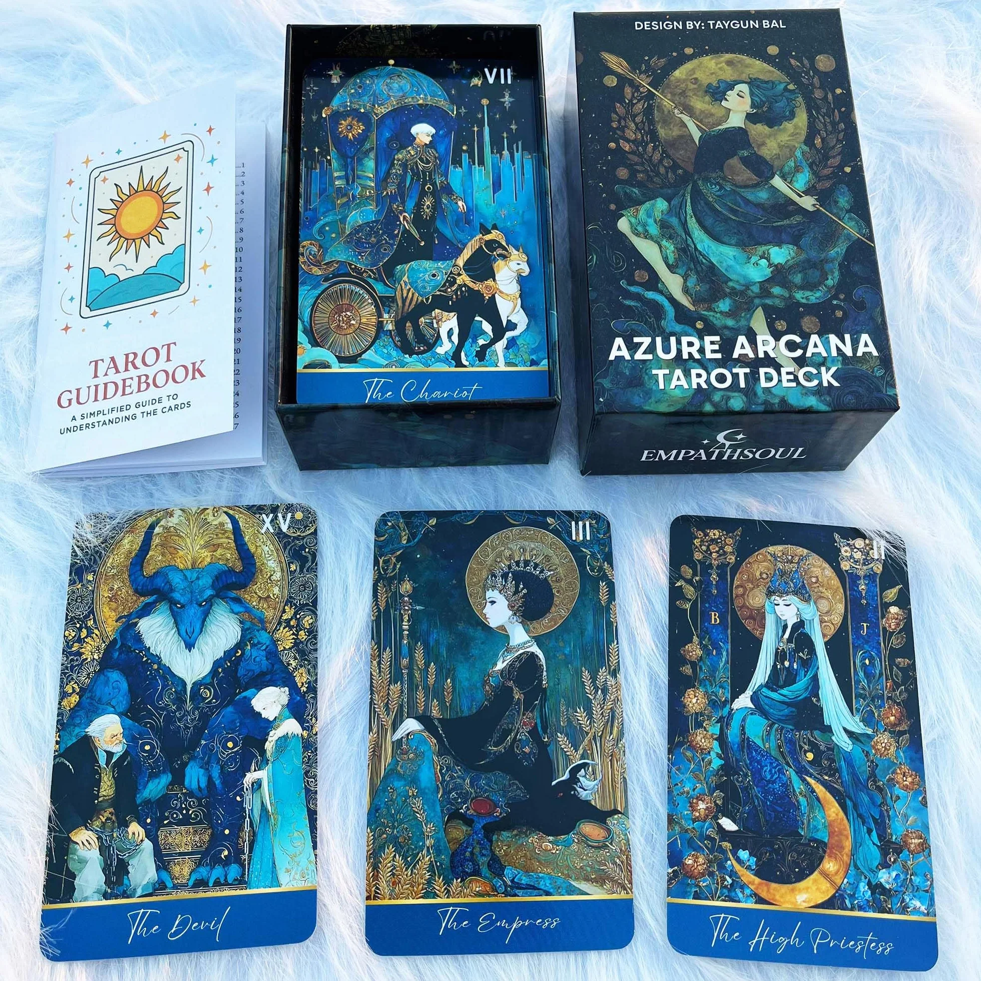 Mazzo di tarocchi Azure Arcana, 78 carte dei tarocchi con guida generale, carte dei tarocchi artistiche blu e oro fantasy per principianti, strumento di divinazione per la lettura della stregoneria