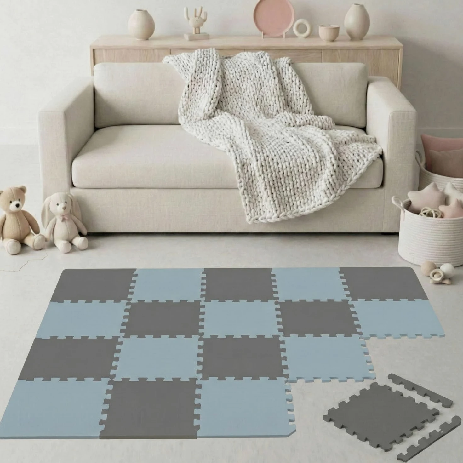 LittleTom 18 Pezzi Tappeto Puzzle per Bambini - Certificato TÜV - Piastrelle EVA con Bordi 30x30 cm - Pavimento Morbido e Antiscivolo - Superficie Puzzle Protettiva per la Cameretta e Gioco a Terra