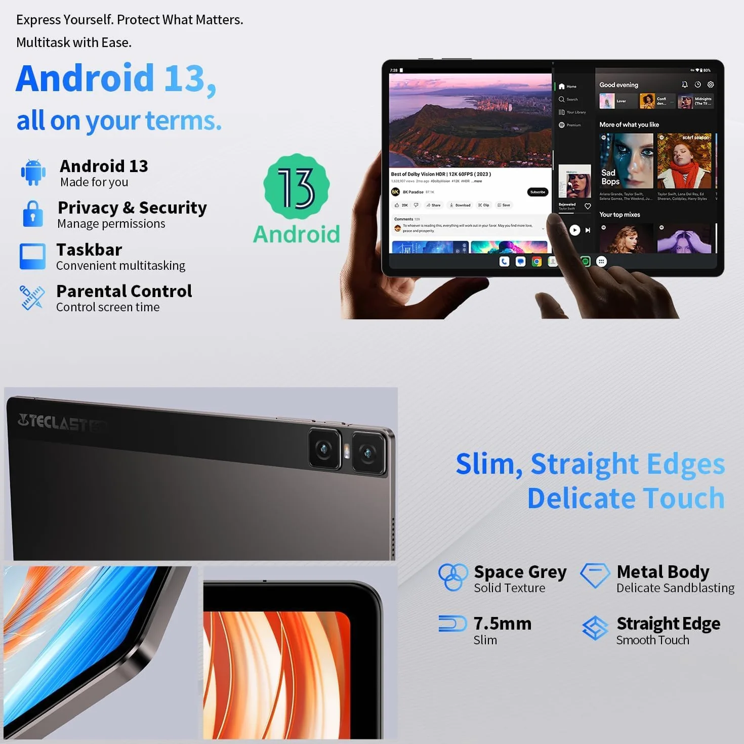 TECLAST T45HD 2K Tablet 10,5 Pollici 16GB+128GB ROM/4TB TF, 4G LTE Dual SIM+5G WiFi, 2GHz T606 Octa-Core, Android 13/8+13MP/7200mAh/GMS/GPS/TUV/3.5mm Jack/Widevine L1-2024