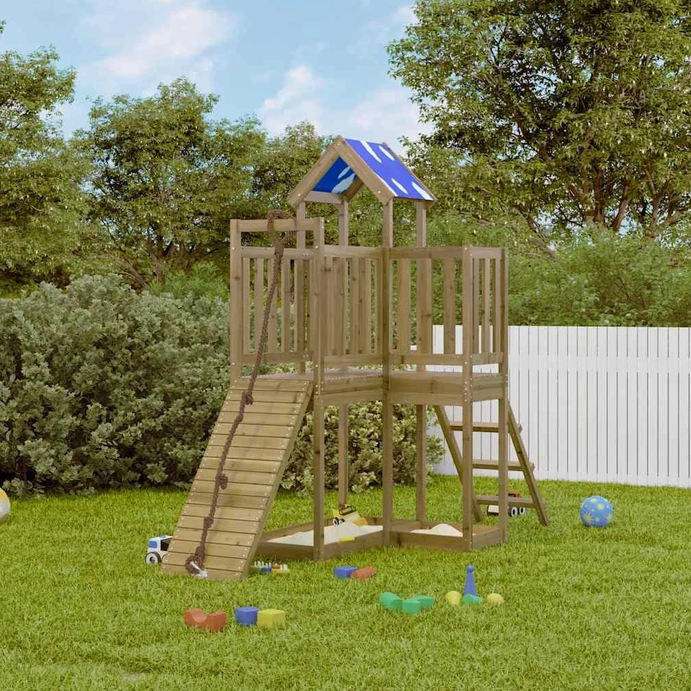 Torre gioco in legno di pino impregnato con piattaforma da 90 cm, rampa da arrampicata, scala e sabbiere, con tetto a nuvola e ringhiera di sicurezza per esterni