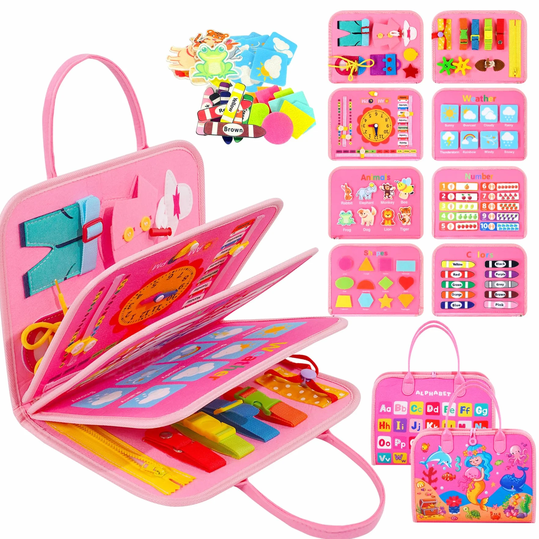 Busy Board Giochi Montessori 1 Anno - Libro Montessori Interattivo in Feltro, Pannello Sensoriale Educativo per Bambini - Giochi Bambini 2 Anni, Regalo Bimbo Bimba Compleanno (rosa)