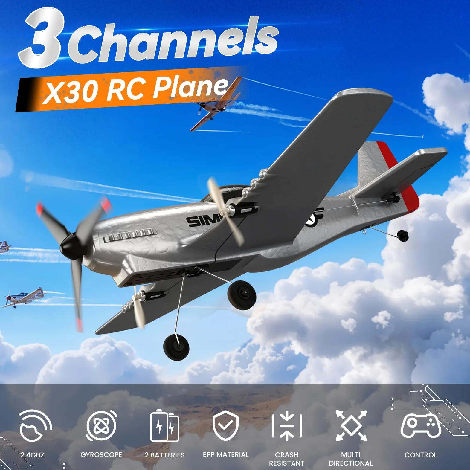 SIMREX Aereo radiocomandato per bambini, giocattolo aereo telecomandato (grigio)