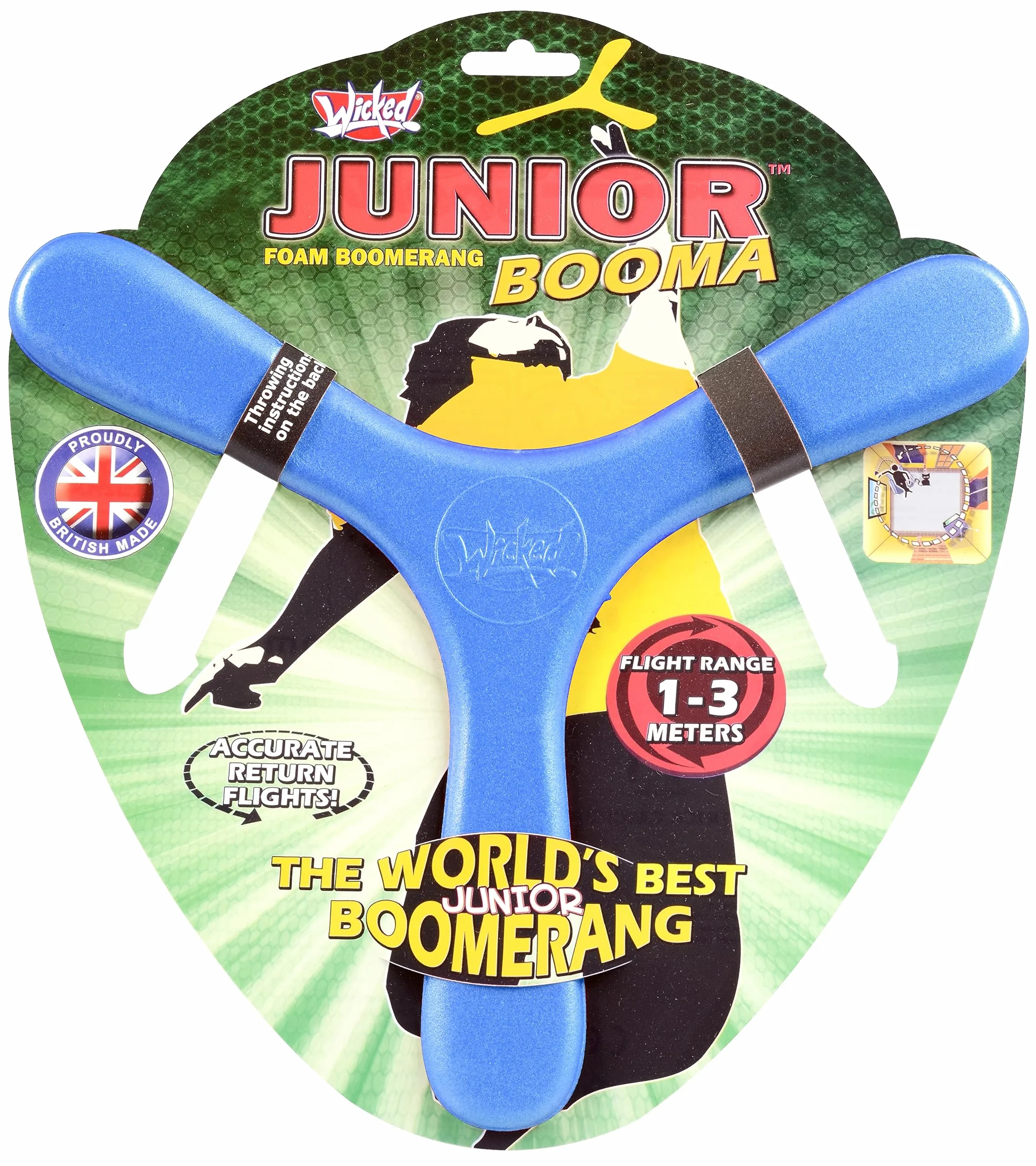 Wicked Booma Junior | Boomerang da interno morbido e sicuro per principianti | Realizzato in schiuma Memorang | Volo di ritorno garantito | Portata 1-3 metri (blu)