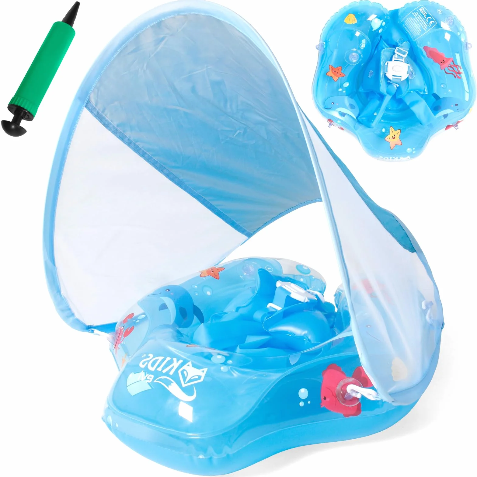 Piscina Salvagente Bambini Gonfiabile, Salvagente Neonato 1-3 anni, Salvagentes Neonato con Parasole e Seggiolino di Sicurezza, Anello di Nuoto Bambini UPF50+ Protezione UV(Blu)