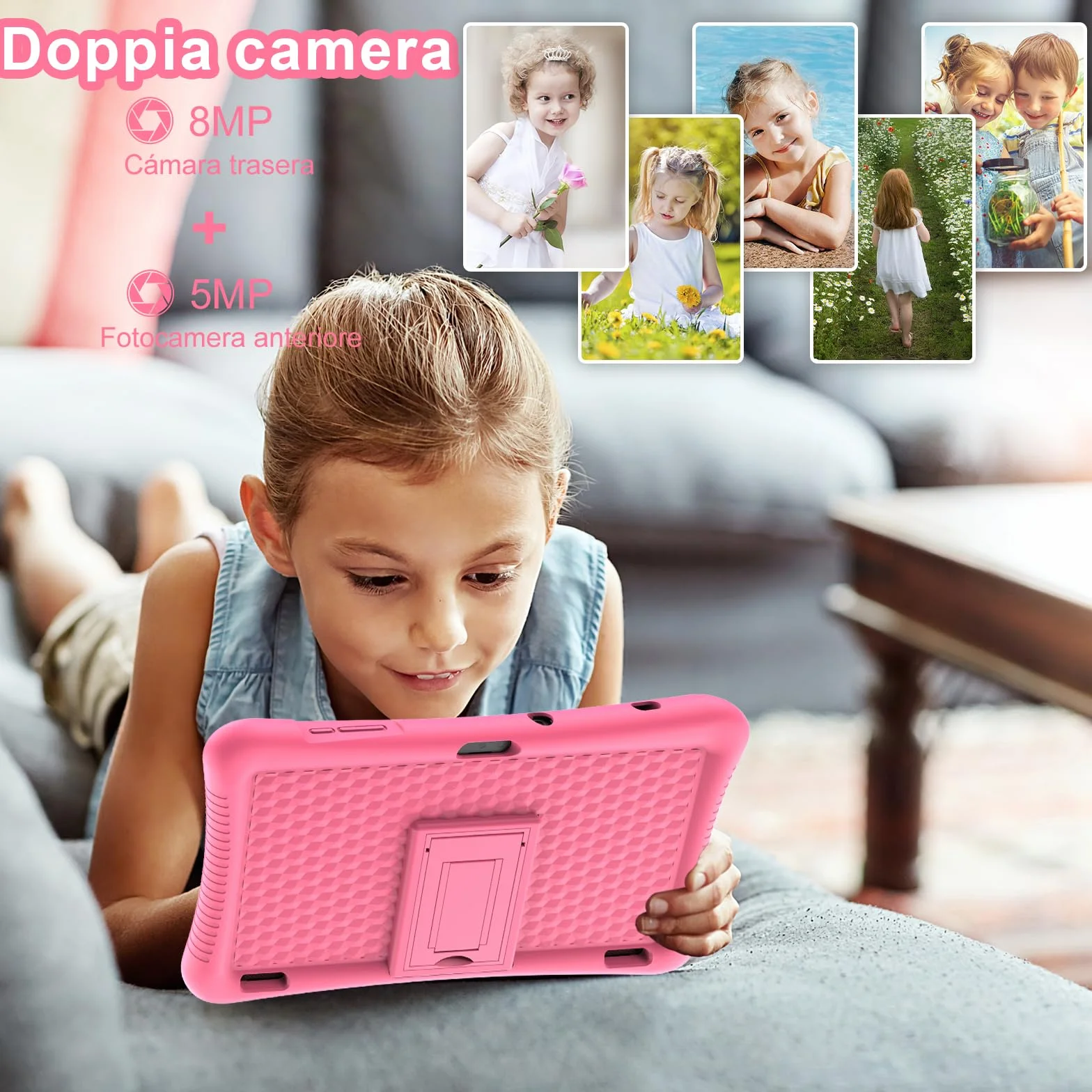 Tablet Bambini 10 Pollici Android 13, 3GB RAM+32GB ROM (256GB Espandibile), Controllo Genitori,1280x800 HD Display, 6000 mAh, WiFi, Doppia Fotocamera con Custodia(Rosa)