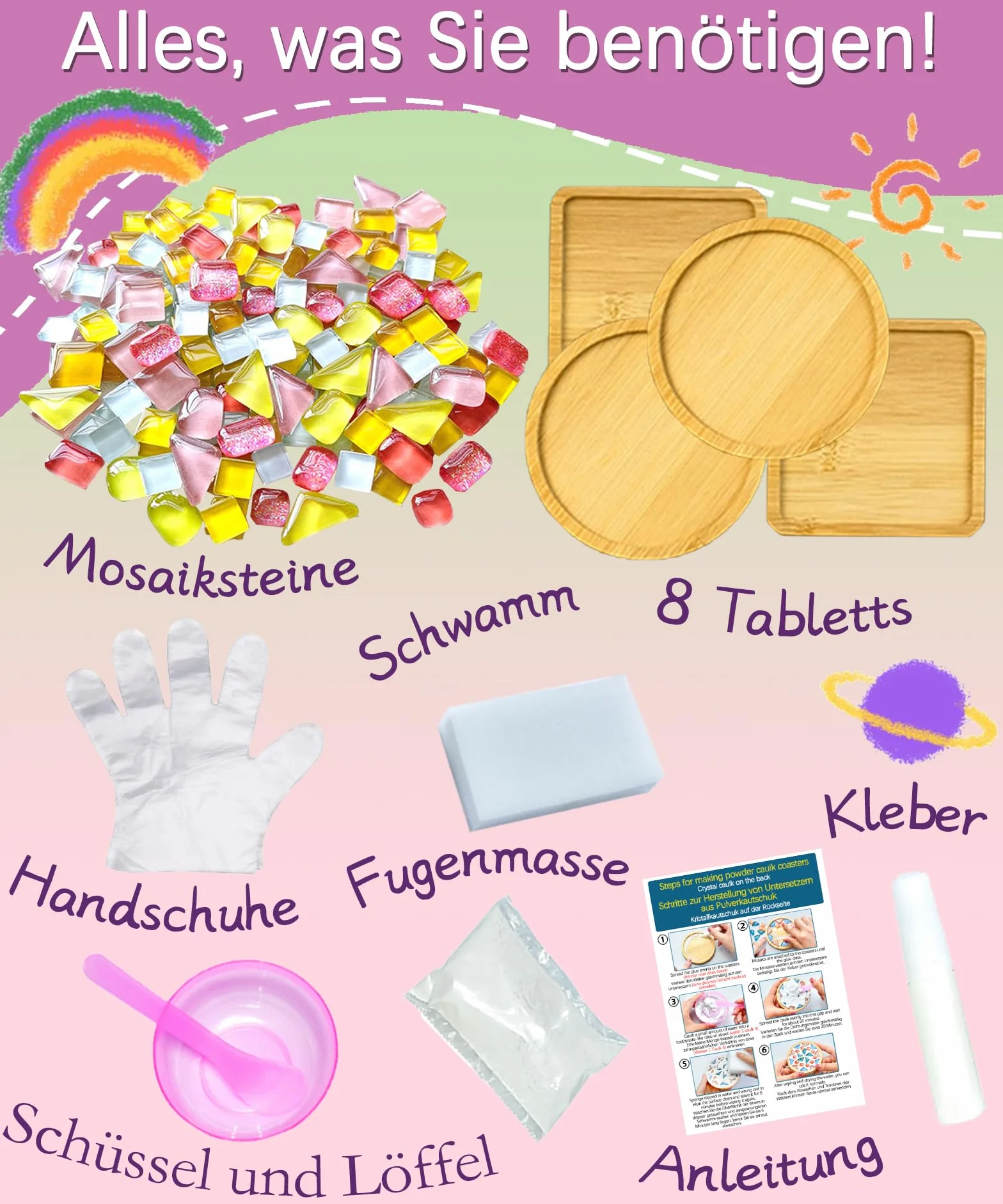 Finsink Set di 8 sottobicchieri a mosaico per bambini, set fai da te,di sottobicchieri in legno, set di pietre a mosaico per il fai da te, regalo di compleanno per bambini adulti
