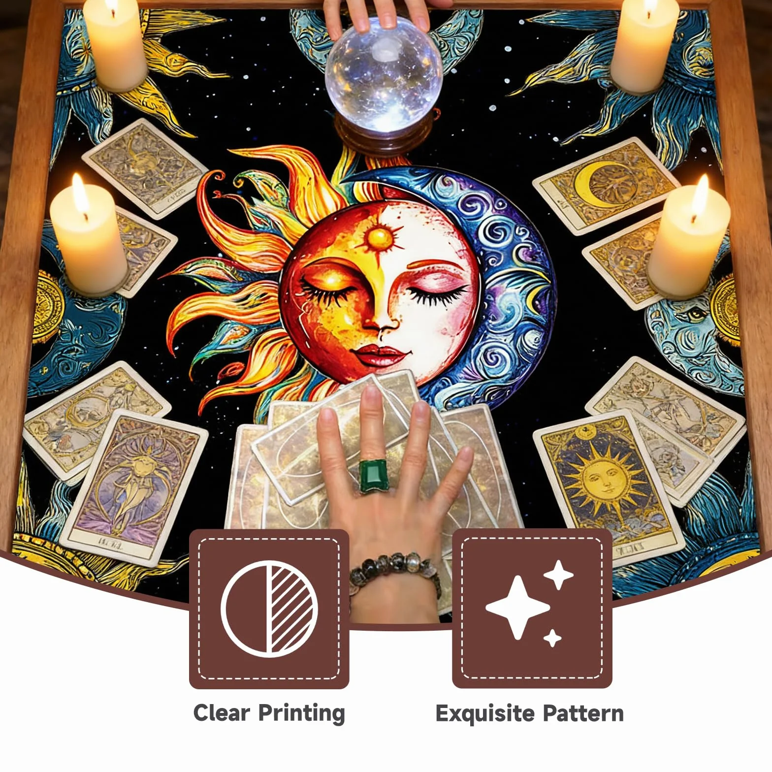 Tappeto per Tarocchi e Carte Oracle, Tovaglia per Altare Sole Luna, Accessorio Cartomanzia, 50x50 cm