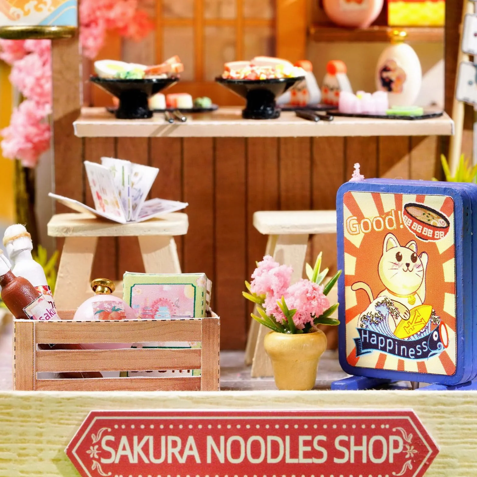 Cuteefun Miniature Casa delle Bambole DIY, Kit Case in Miniatura da Costruire Fai da Te con Mobili Copertura Antipolvere e Strumenti, Natale Halloween Regalo di Compleanno(Sakura Noodles Shop)