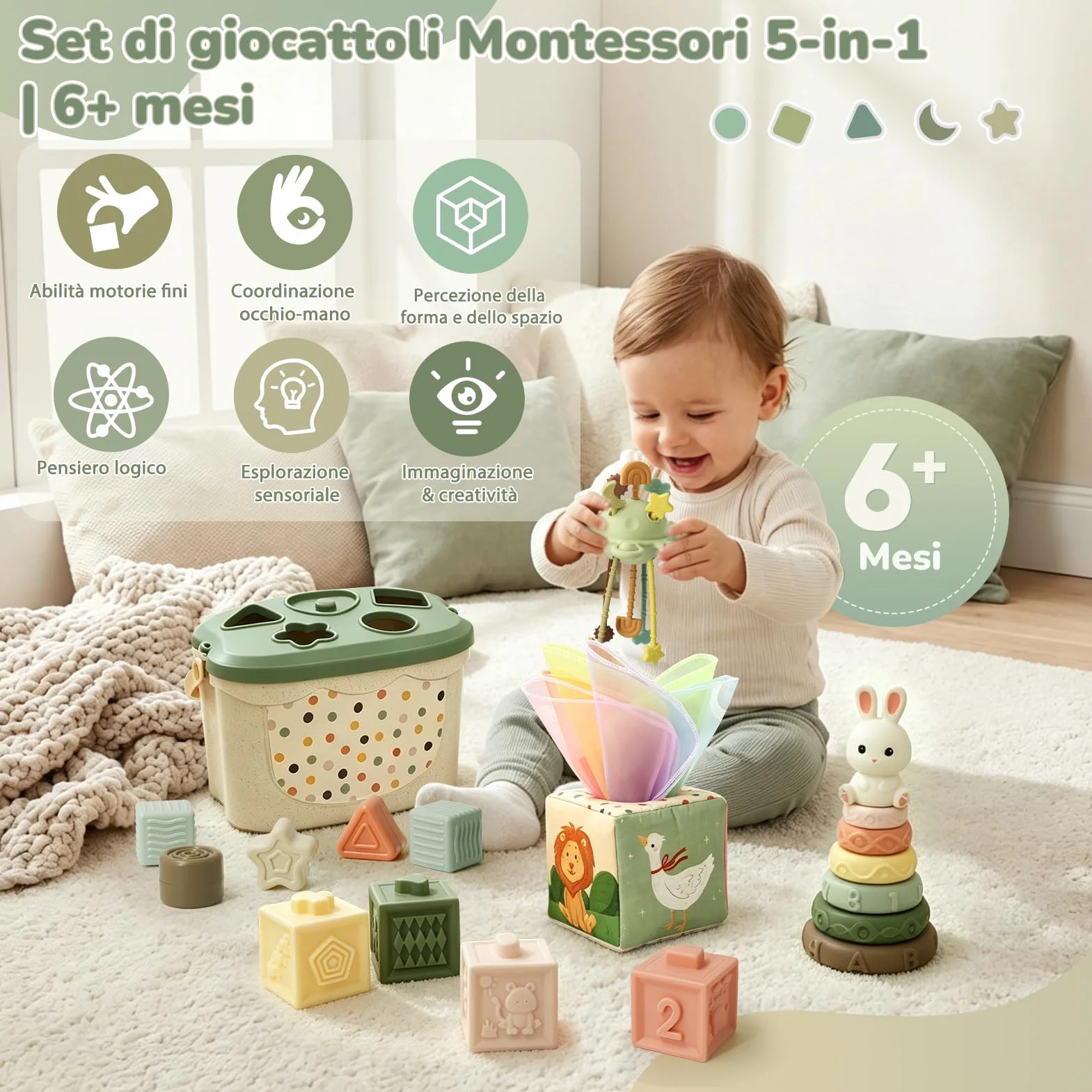 Giochi Montessori 6 Mesi 5 in 1 con Scatola Fazzoletti, Impilabili, Classificazione, Tirare Corda Regalo Bambino 8-12 Mesi