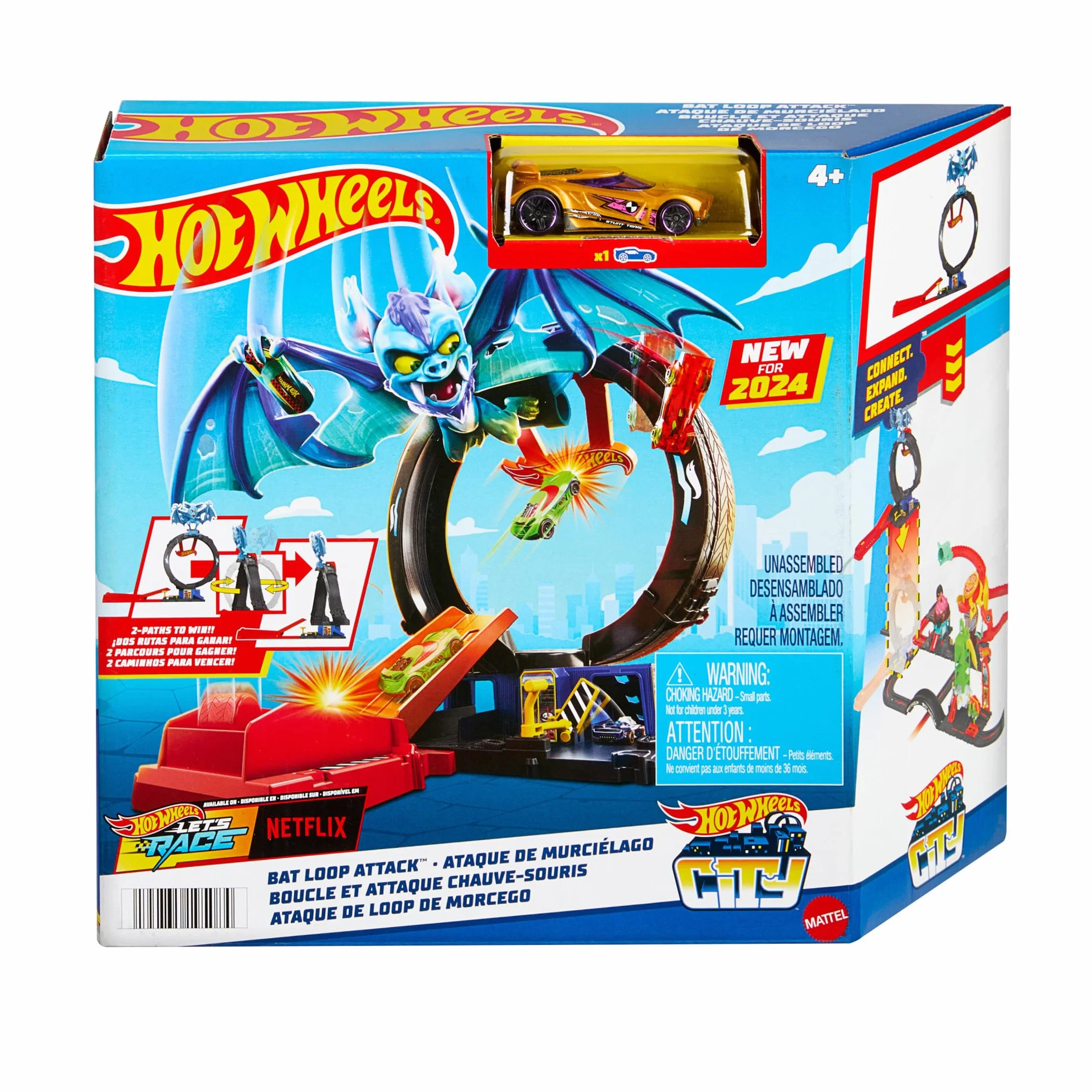 Hot Wheels City 'Let's Race' Netflix - Loop Attacco del Pipistrello, pista con loop e lanciatore regolabile per sconfiggere il pipistrello, una macchinina Hot Wheels inclusa, 4+ anni, HTN78
