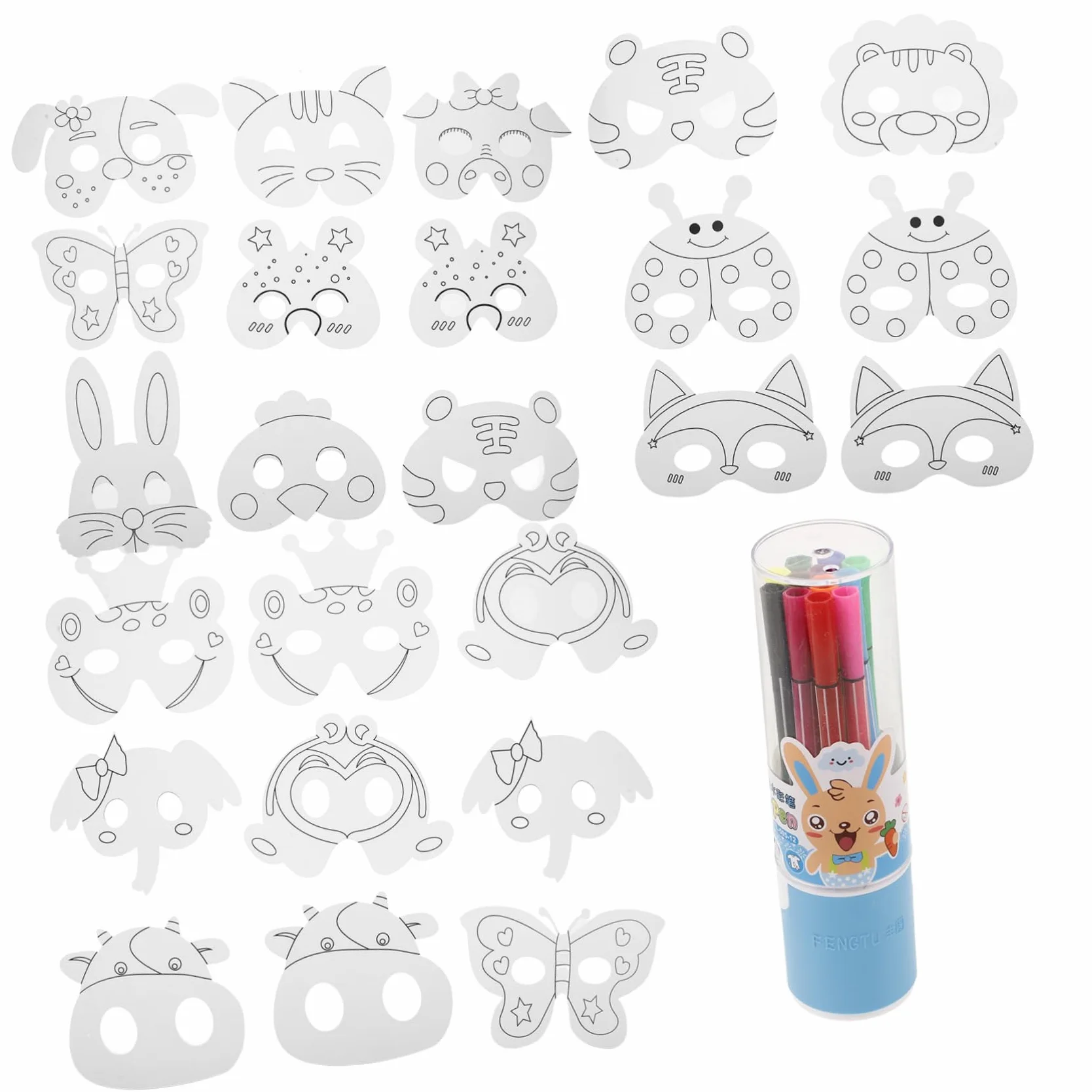 Set di 1 Maschera Animale in Carta e Plastico da Colorare per Bambini | 24 Pezzi con 12 Pennarelli Acquerello, Maschere da Decorare, Decorazioni Scuola Stile Casuale