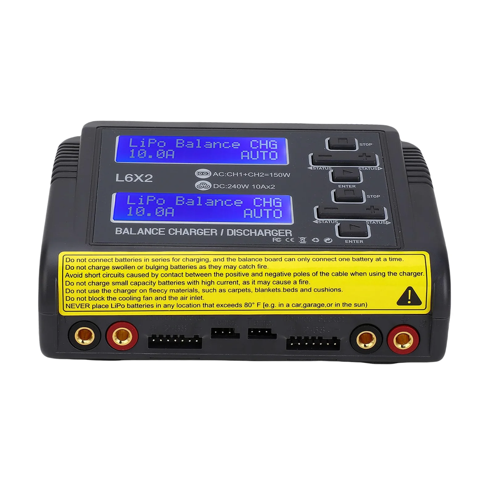 Drfeify Caricabatterie Lipo Doppio Canale 150W per Aeromodelli RC (Spina | 2 Circuiti Indipendenti, Compatibile con LiPo/LiFe/NiMH, Ingresso AC/DC, Involucro Ignifugo, Raffreddamento a ventola.