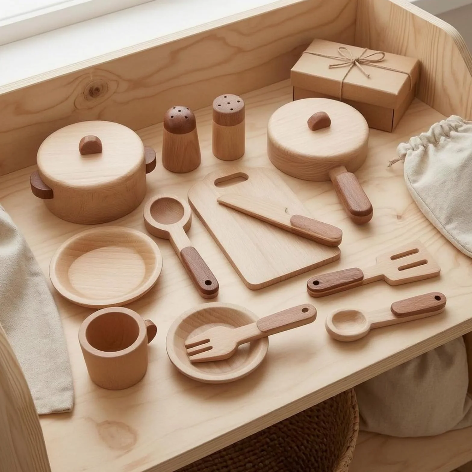 Gralara 15 Pieces Accessori Cucina Giocattolo Bordi Arrotondati Set Picnic in Legno Venatura Chiara