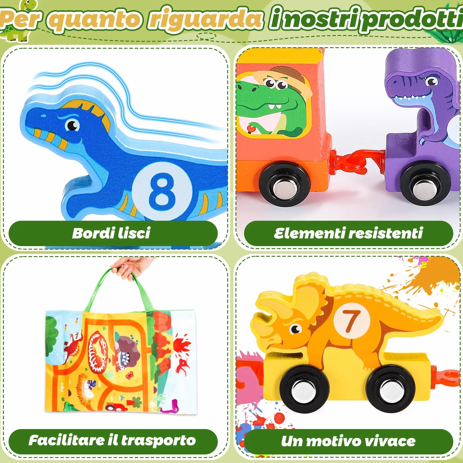 Anginne Giochi Bambini 1 2 3 Anni, Trenino di Legno Dinosauri, con Tappetino per Riporre i Giochi, Regalo Bambino 1 Anno Maschio Gioco Bambino 1-4 Anni - Giocattoli Dinosauri per Bambini