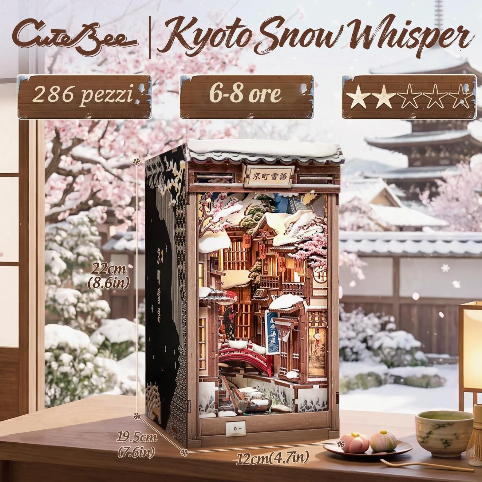 CUTEBEE Book Nook Kit - Casa delle bambole fai da te da costruire per adulti, puzzle 3D in legno con LED, scena invernale a Kyoto, decorazione per biblioteca, regali fatti a mano (Kyoto Snow Whisper)