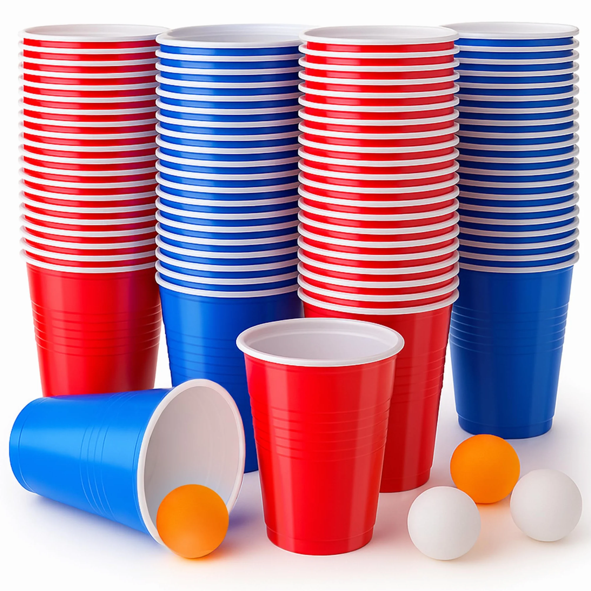 100 Pezzi Bicchiere Plastica Rossi Blu e 10 Palline Ping Pong, 500ml Bicchieri Plastica Riutilizzabili Colorati per Feste, Compleanni, Matrimoni, Campeggio