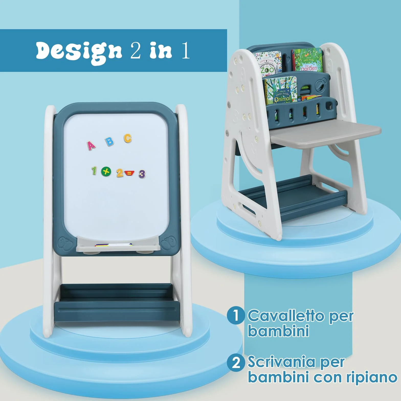 COSTWAY Lavagna Magnetica Bifacciale per Bambini, Altezza Regolabile, con Sedia e Accessori (Blu)