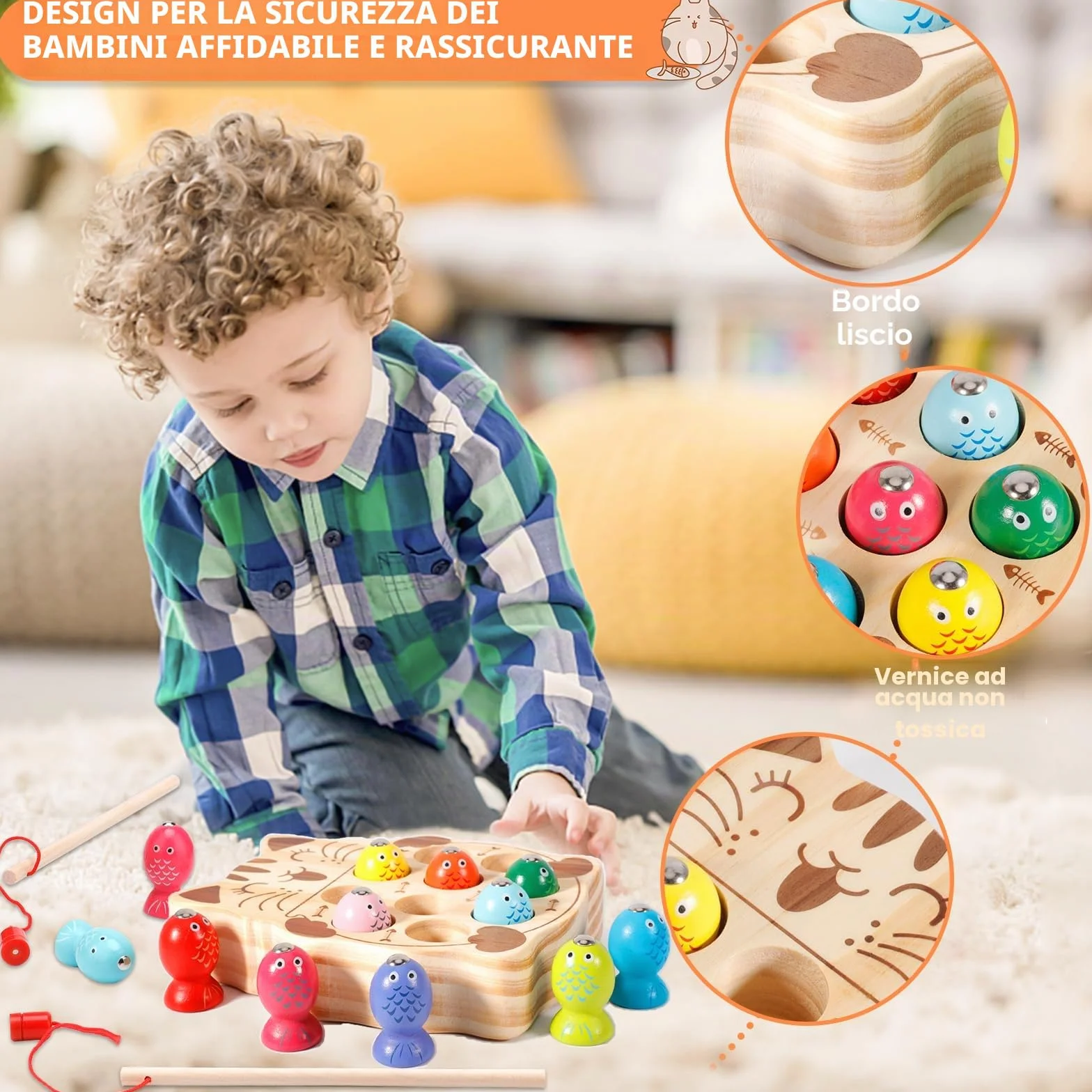 FAMKEEP Gioco di pesca magnetico in legno Montessori giocattolo educativo 3 anni