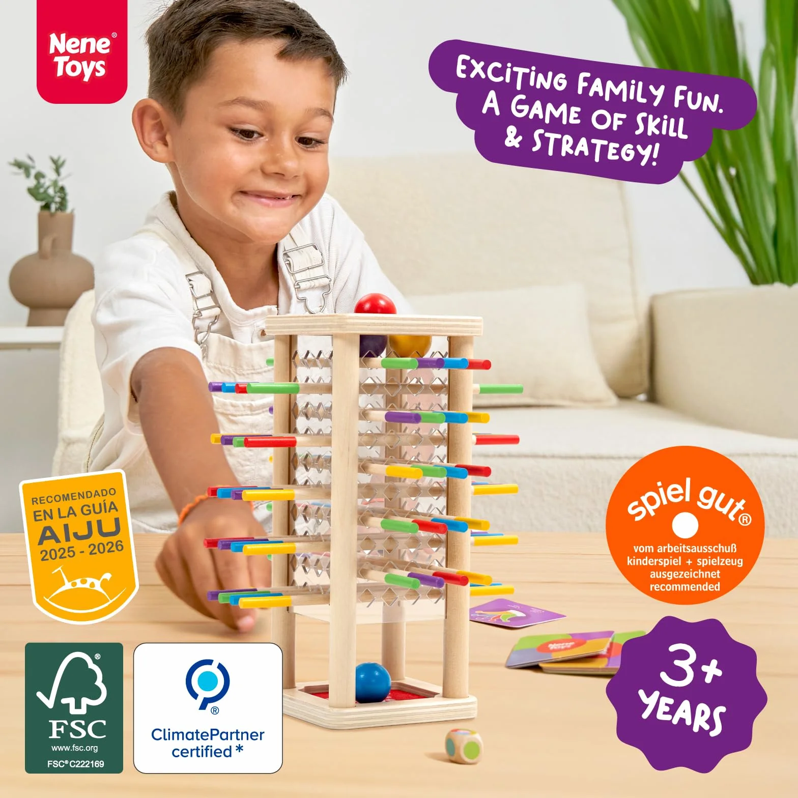 Nene Toys BALLFALL – Giochi Educativi Montessori in Legno per Bambini 3 4 5 6 Anni – Gioco da Tavolo con Bastoncini, Dado e Carte – Regalo per Motricità Fine e Abilità Logiche 3-9 Anni