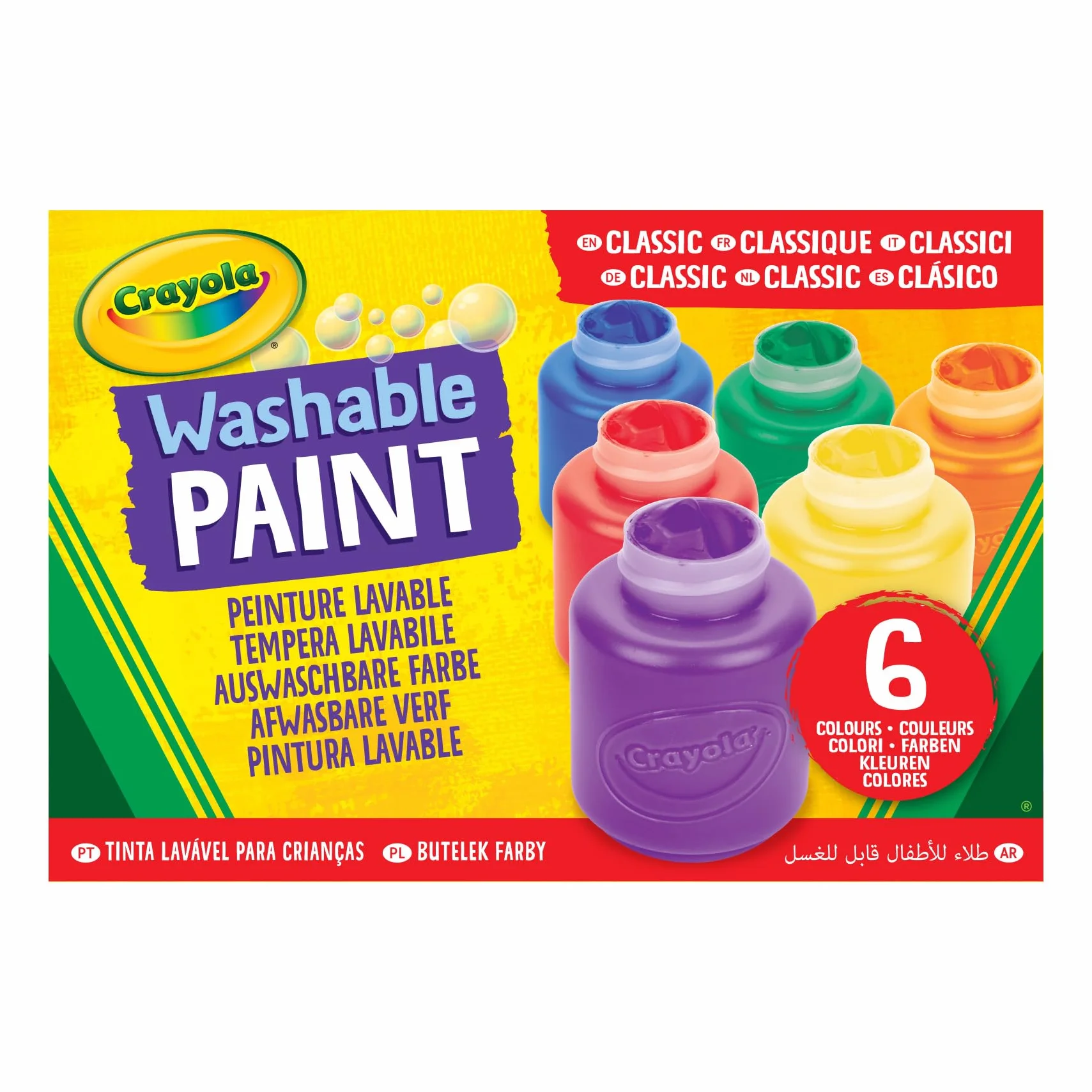 CRAYOLA - Tempere Lavabili per Bambini, Confezione da 6 Barattolini da 59 ml, Colori Classici, Età Consigliata: da 3 Anni
