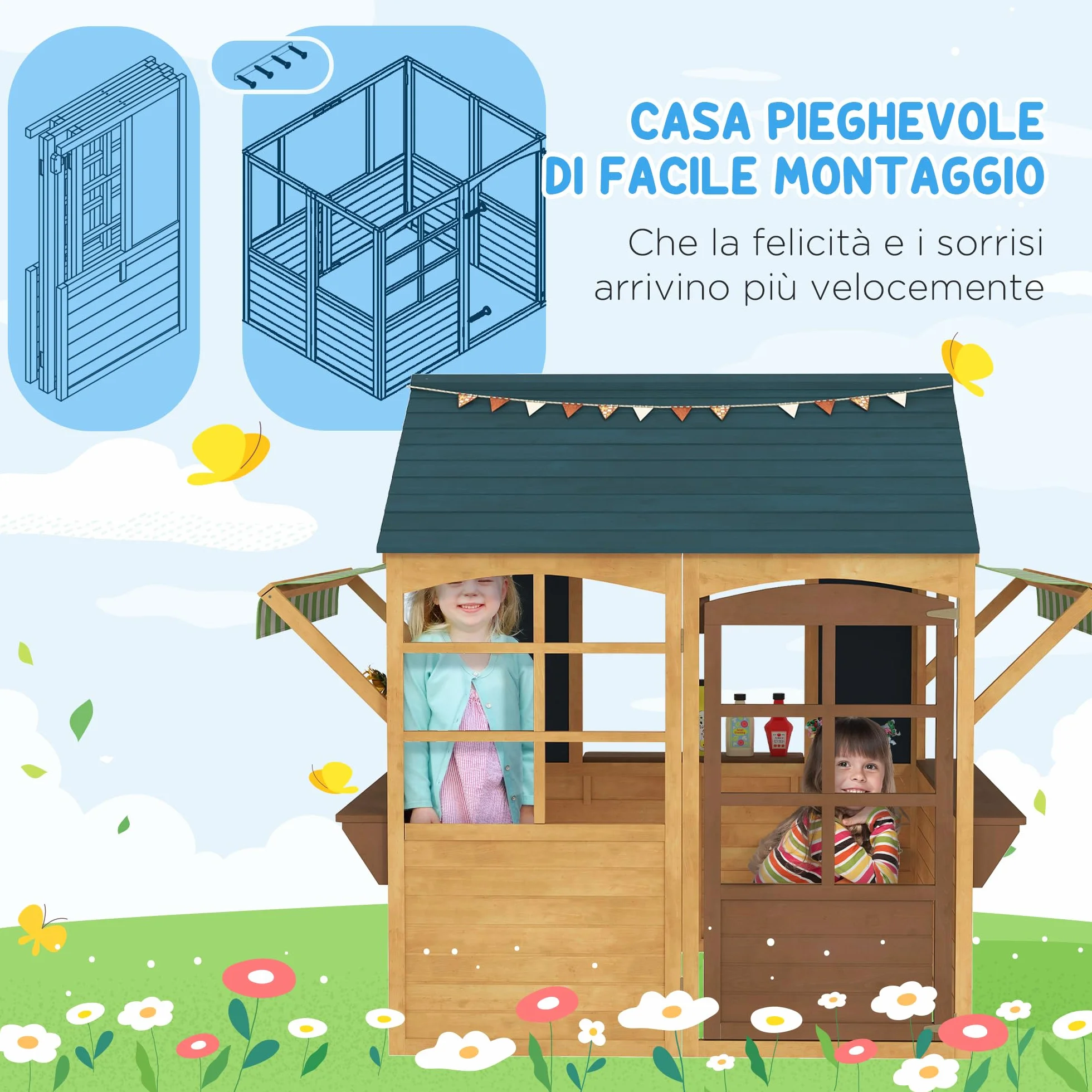 AIYAPLAY Casetta per Bambini in Legno di Abete, Casetta da Giardino Pieghevole con 5 Finestre, Tettoia, Porta e 2 Lavagne Nere, Casa da Esterno per Bimbi 3-8 Anni, 173x117x144 cm, Marrone