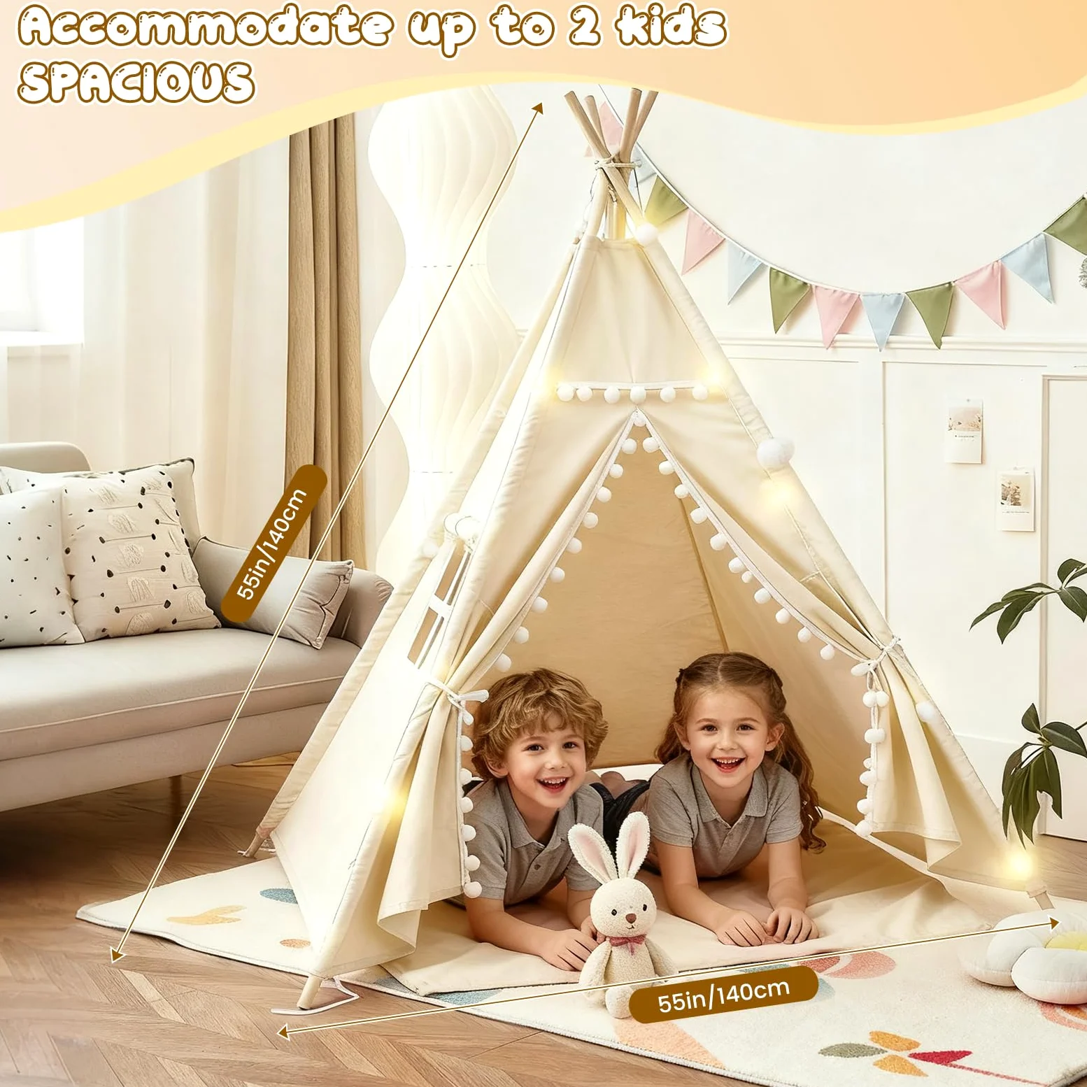 Tenda per Bambini, 120x140 cm Tenda Indiana Bambini per Cameretta, Castello Giochi per Bambini in Tela,Tenda Indiano con Lucine e Borsa Portaoggetti per Uso Interno o Esterno