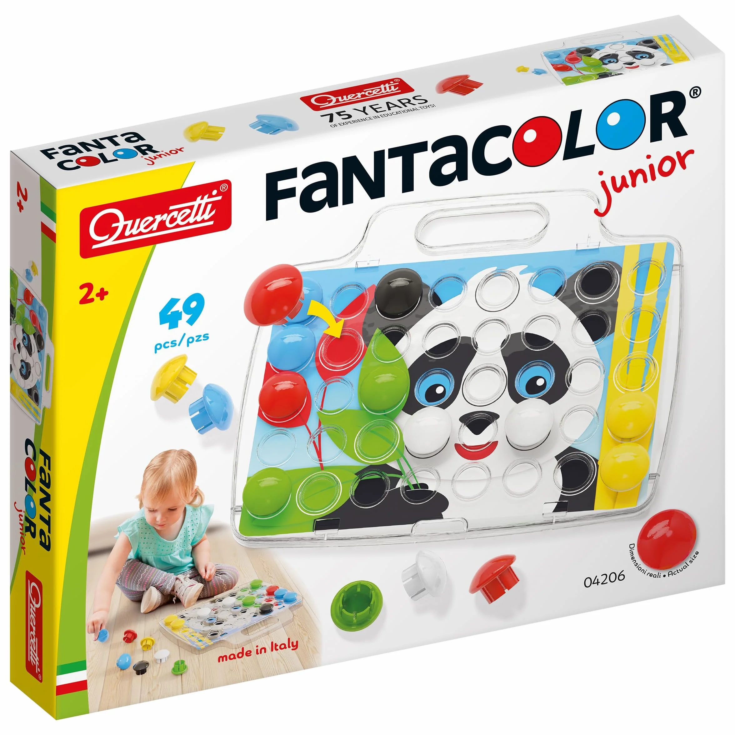 Quercetti - FantaColor Junior Basic - Mosaici per bambini da 2 anni - gioco educativo - prima infanzia - 100% Made in Italy - 40 bottoni - Motricità fine - coordinazione – 4206