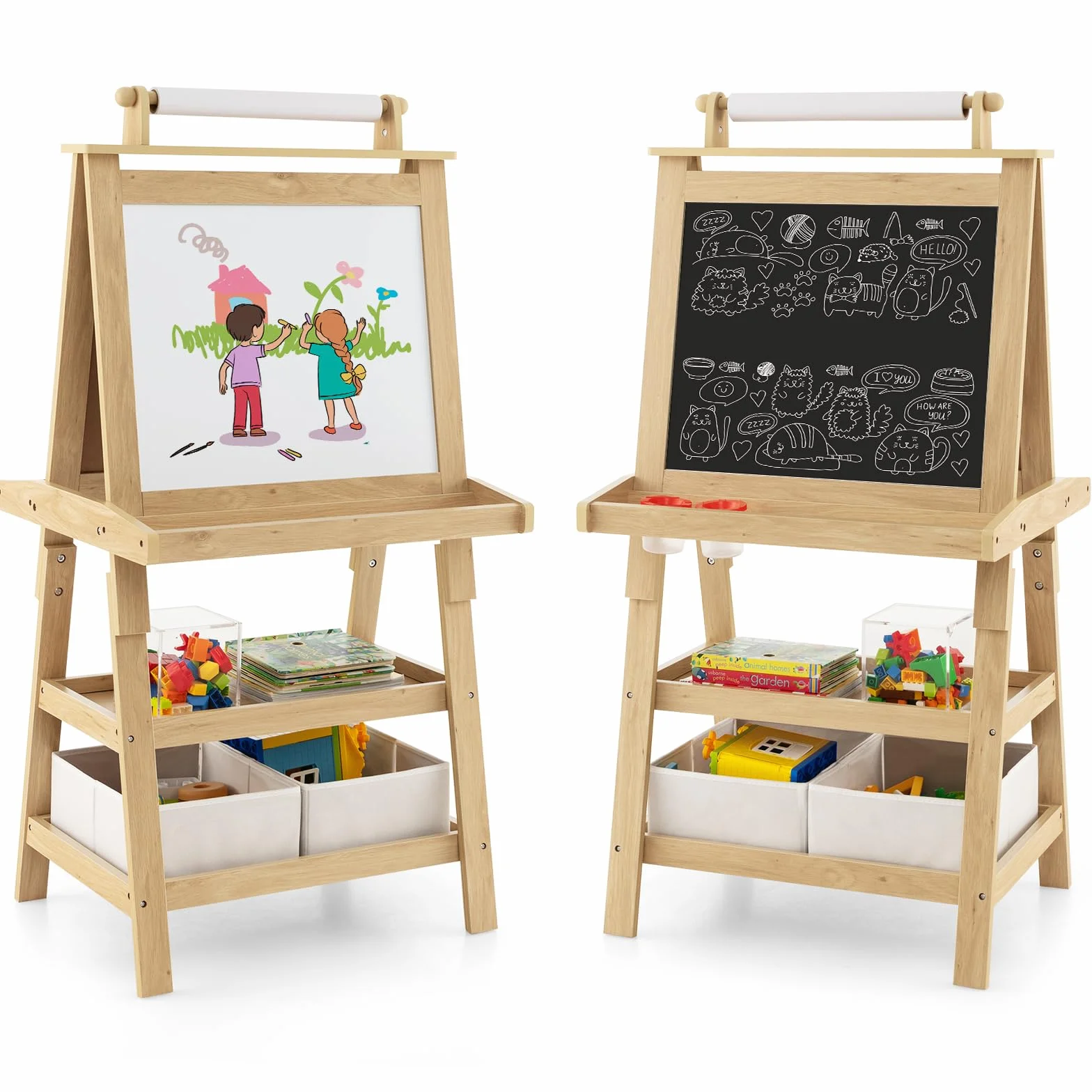 GYMAX Cavalletto per Bambini 3 in 1, Lavagna Magnetica Doppia Faccia, 59 x 50 x 117 cm