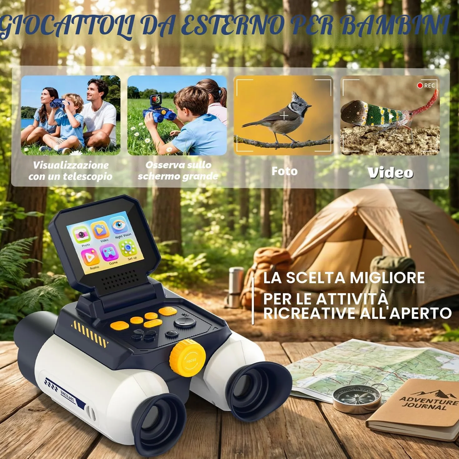 Binocolo Bambino con Fotocamera, Funzione di Visione Notturna a Infrarossi, Telescopio per Bambini 10x25, adatto a Bambini dai 4 anni in su per Birdwatching, Campeggio, Escursionismo(Bianco)