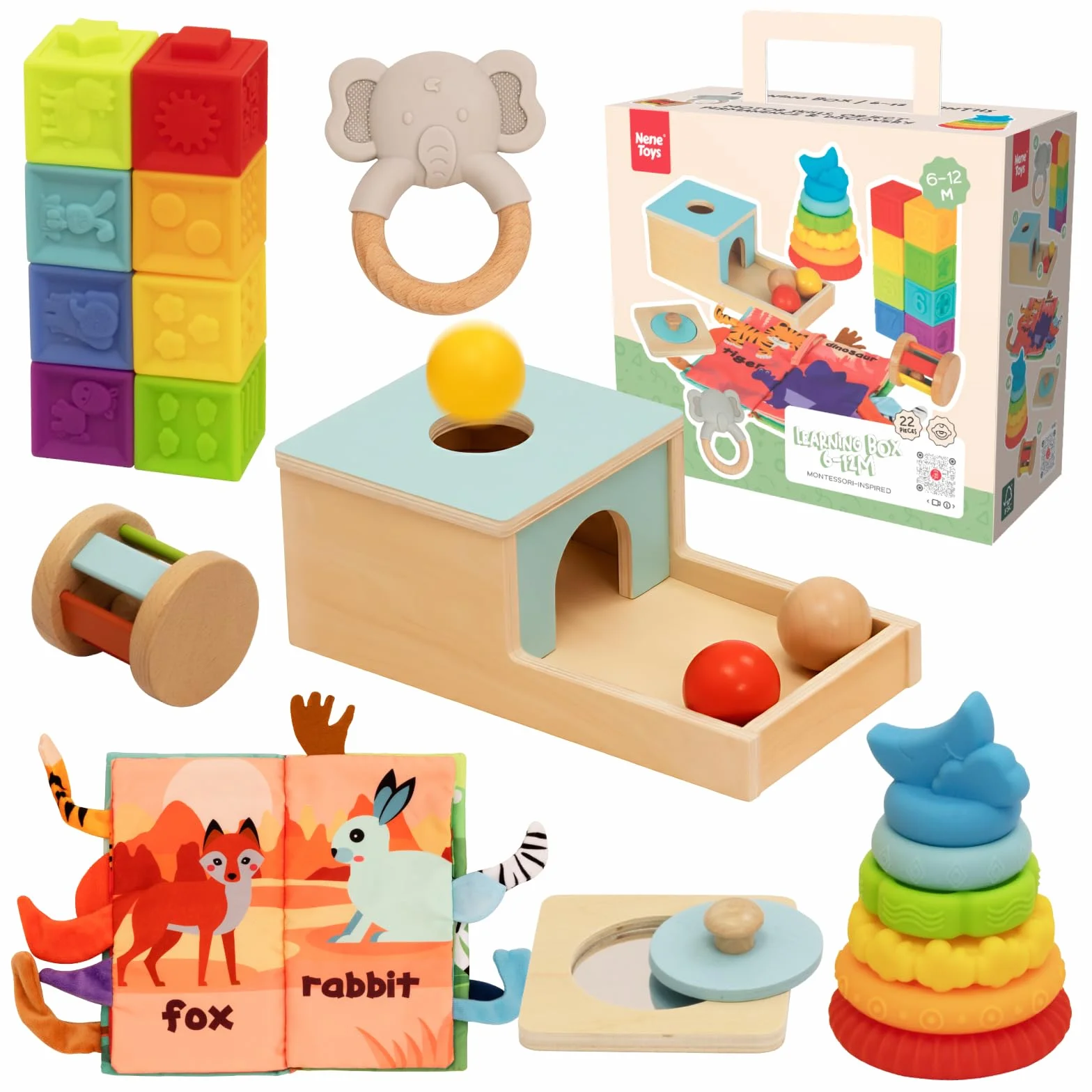 Nene Toys Giocattoli Montessori per Bebè 6–12 Mesi – Giochi Educativi Sensoriali in Legno – Scatola della Permanenza, Torre da Impilare, Libro in Stoffa, Massaggiagengive, Sonaglio & Blocchi Morbidi