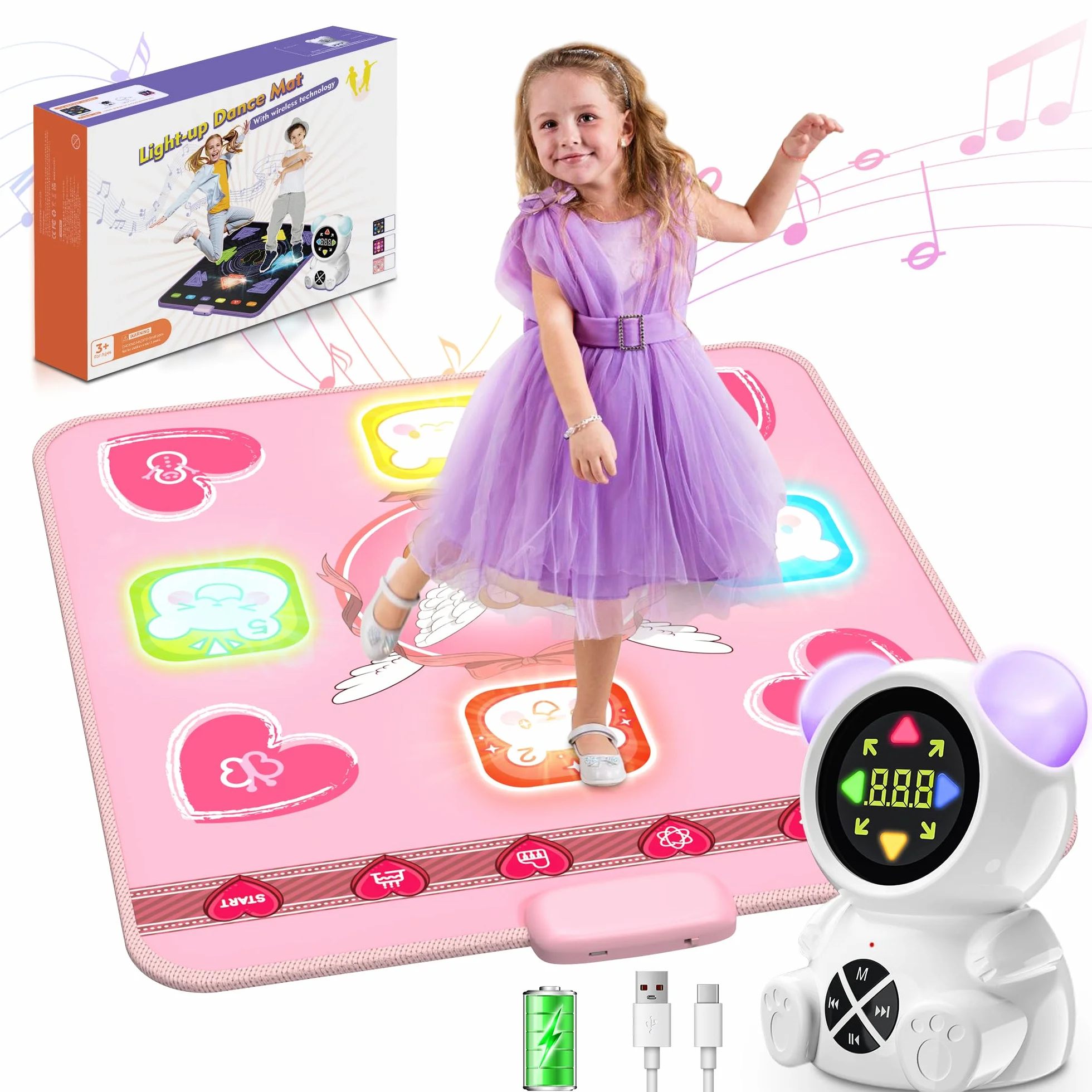 Tappetino da Ballo Ricaricabile con Bluetooth, Luci LED, 5 Modalità di Gioco per Bambine 3-12 Anni Rosa