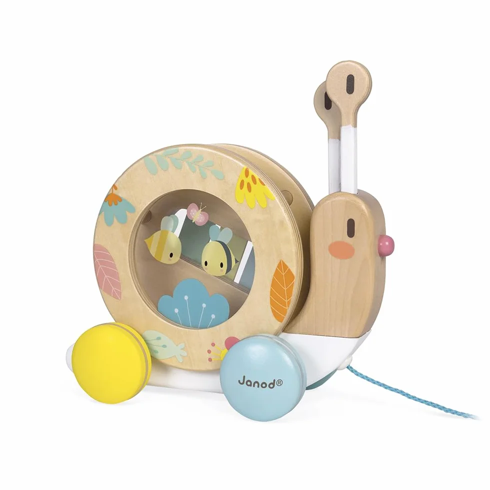 Janod - Chiocciola in Legno da Trainare Pure - Giocattolo in Legno con Xilofono e Tamburello - Vernice Ad Acqua - Giocattolo Educativo Musicale 1A Infanzia - Da 1 Anno, J05159