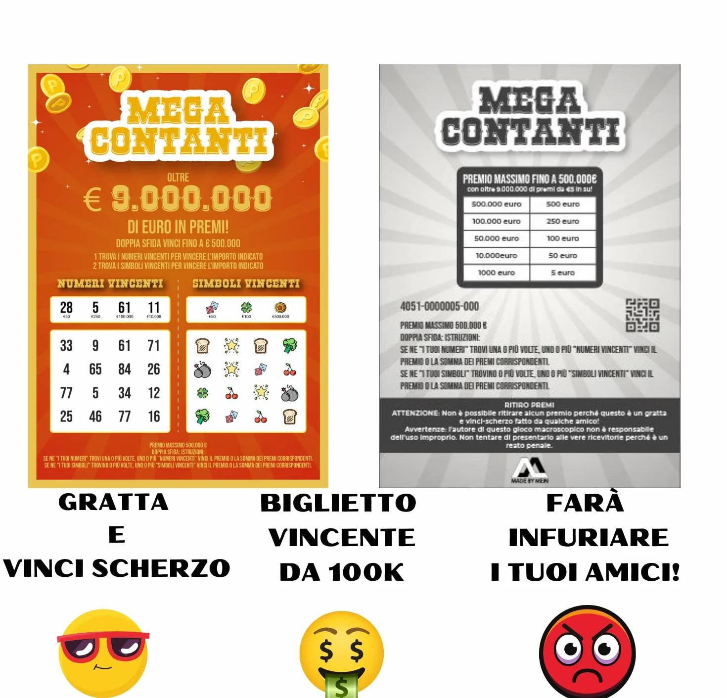 MEIN Gratta e Vinci Personalizzato Scherzo 2 Biglietti Finti Vincenti 1 da 100K L'Altro Regalo Il Niente con Spazio per Scrivere Idee Scherzi Divertenti