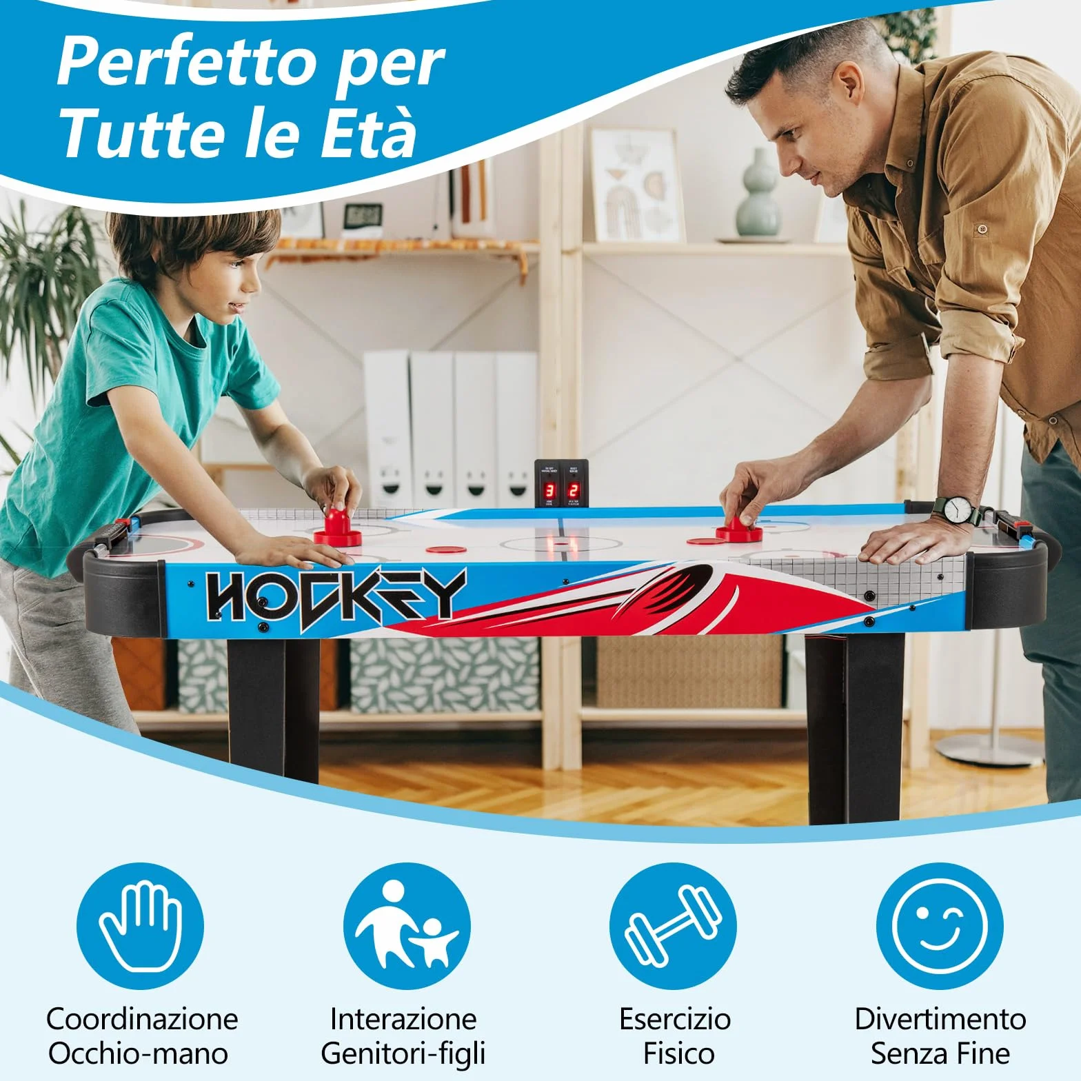 COSTWAY Tavolo da Air Hockey, con Tabellone Segnapunti LED e Motore 12V, Tavolo da Hockey ad Aria con 2 Dischi e 2 Spintori, 122 x 61 x 76 cm