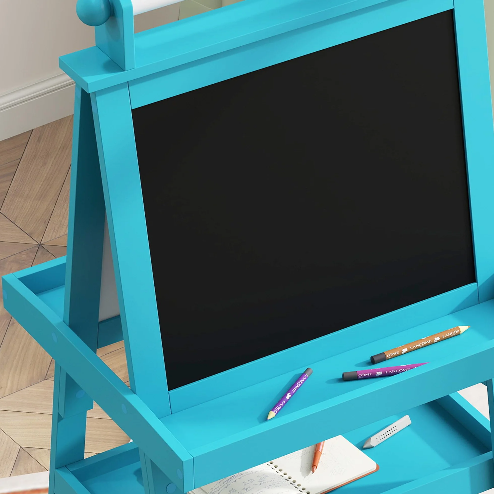 AIYAPLAY Lavagna Magnetica per Bambini a Doppia Facciata con Cavalletto in Legno, Bianco e Nero, Rotolo di Carta e 2 Contenitori, 3-6 Anni