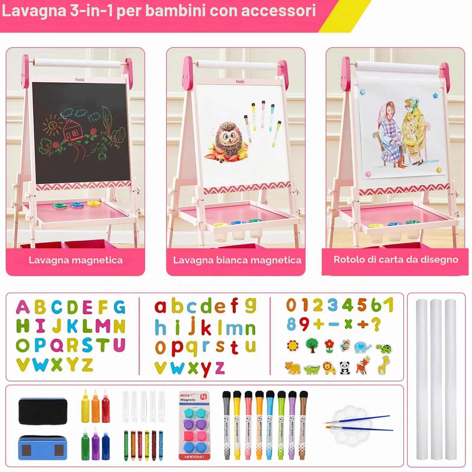 FUNLIO Lavagna per Bambini 3-8 Anni Regolabile con Cavalletto, Magnetica, Antiwarp, Rosa